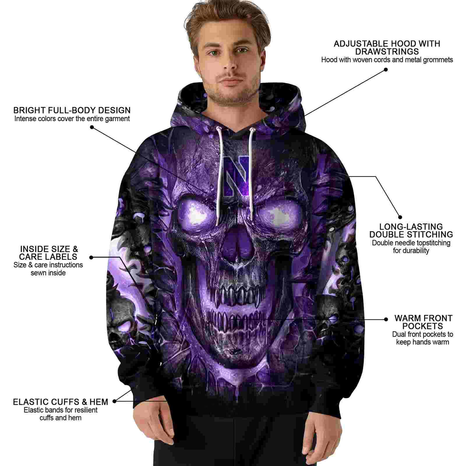 northwestern wildcats demonic skull purple black hoodie latest model