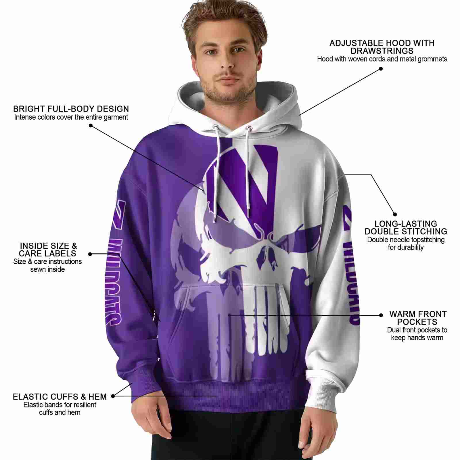 northwestern wildcats graphic punisher purple white hoodie latest model