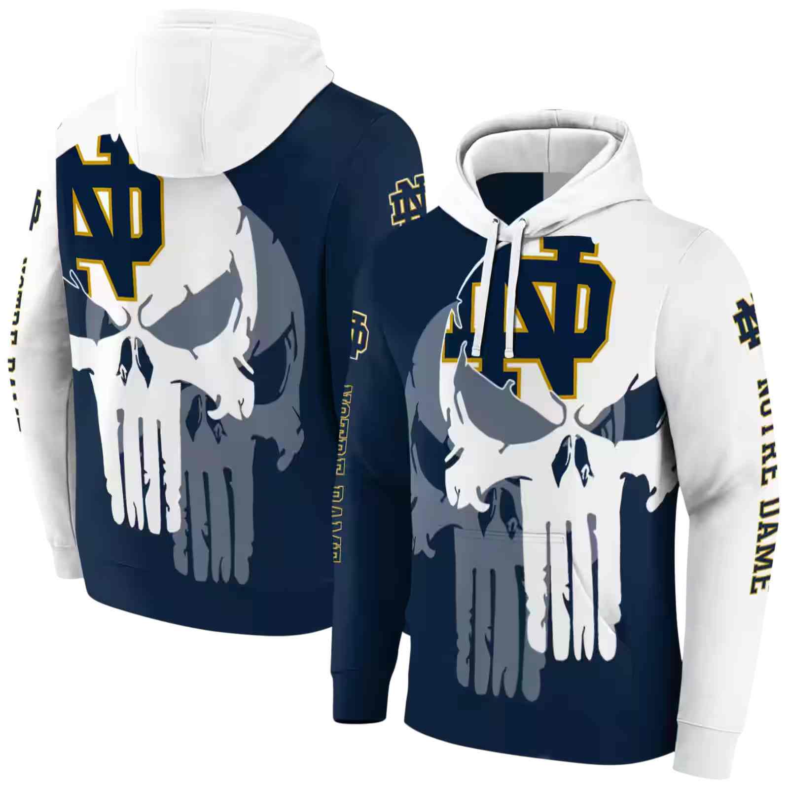 notre dame fighting irish graphic punisher navy white hoodie fashion forward