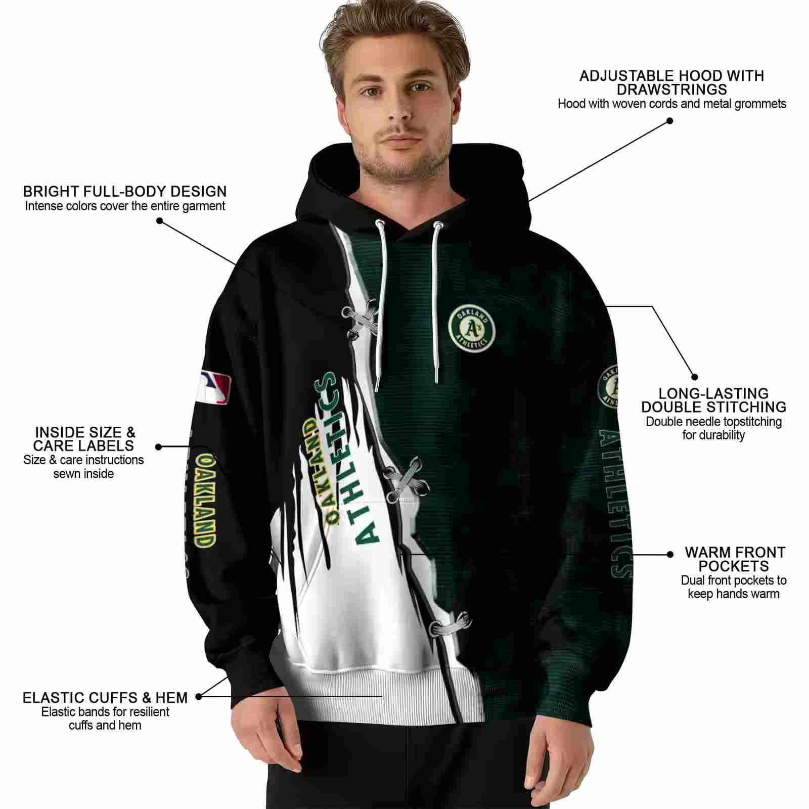 oakland athletics ripped pattern green black white hoodie latest model