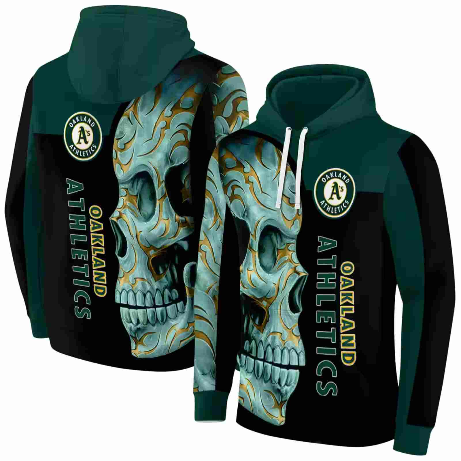 oakland athletics skull motif green black hoodie fashion forward