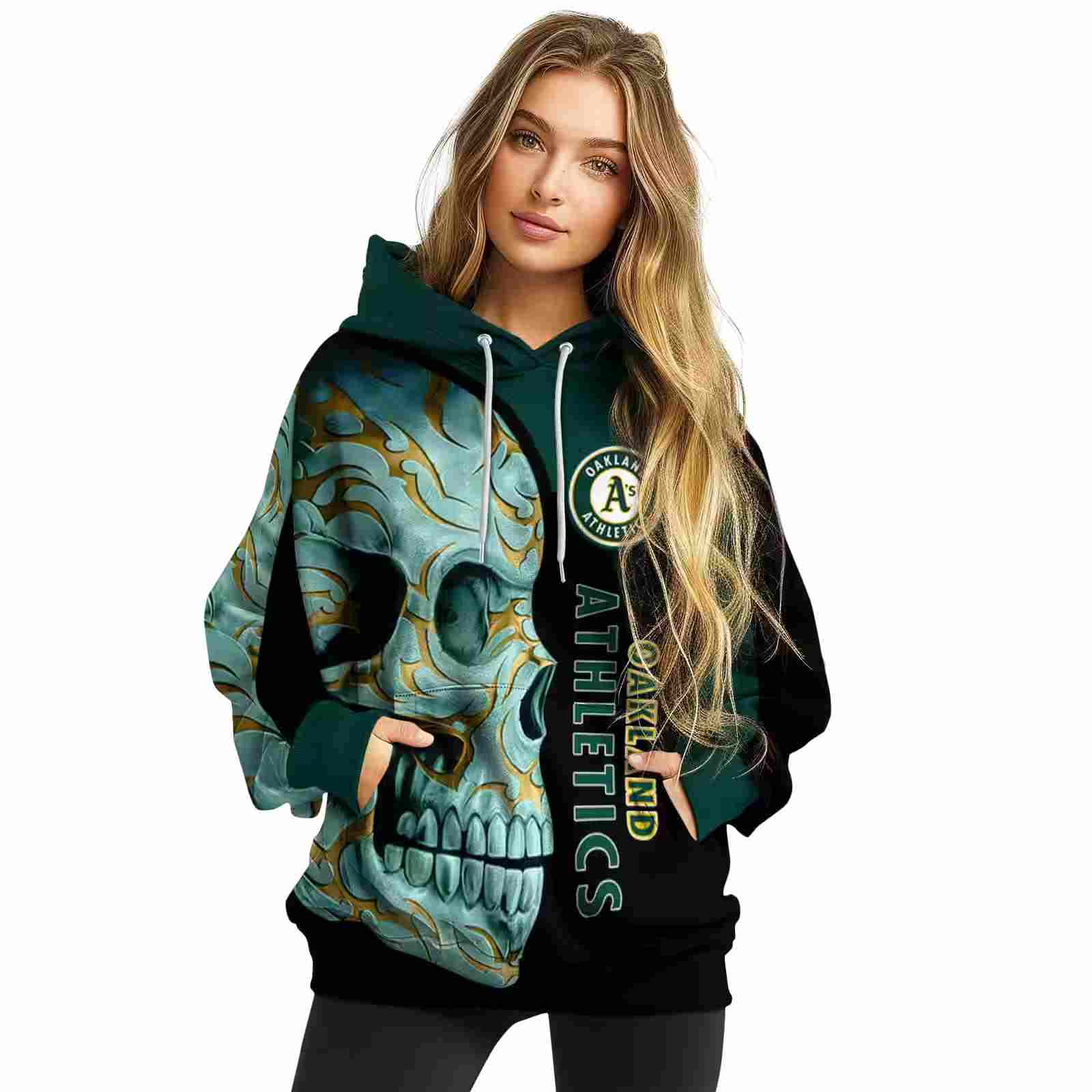 oakland athletics skull motif green black hoodie high quality