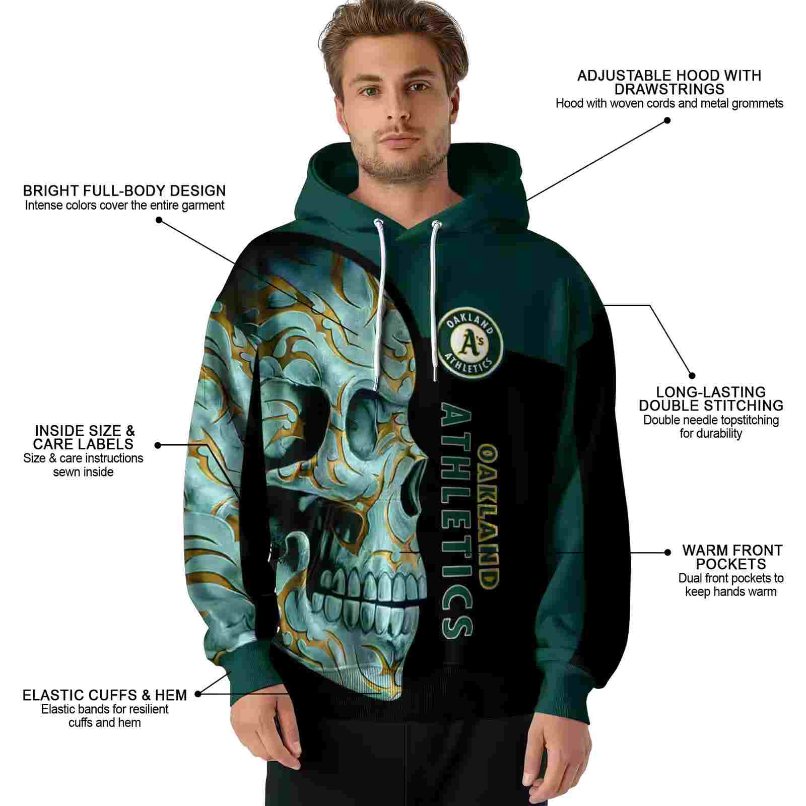 oakland athletics skull motif green black hoodie latest model