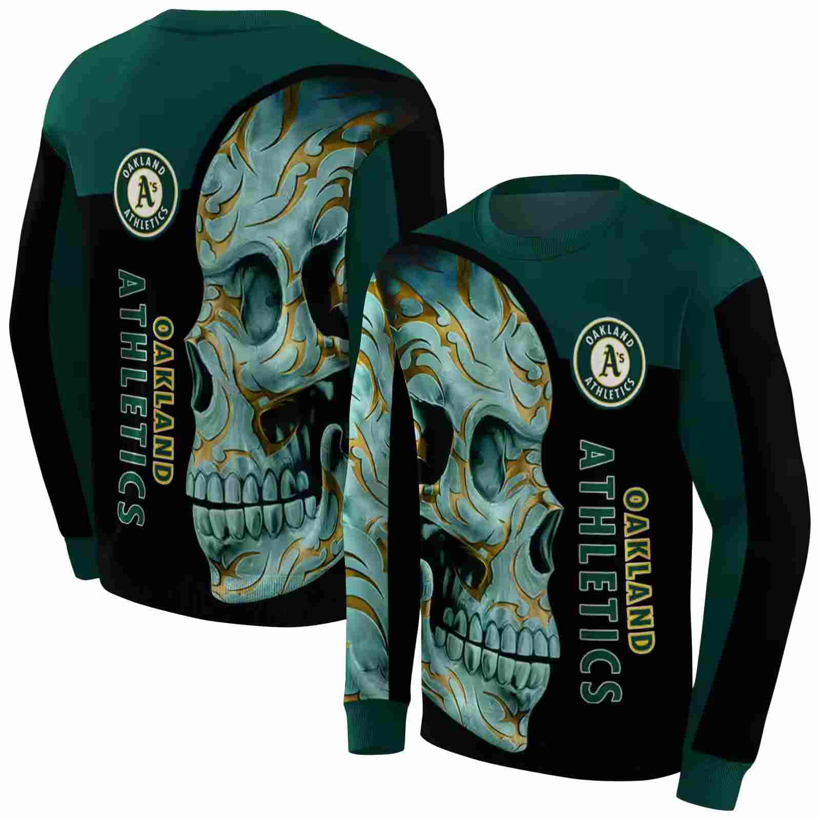 oakland athletics skull motif green black hoodie premium grade