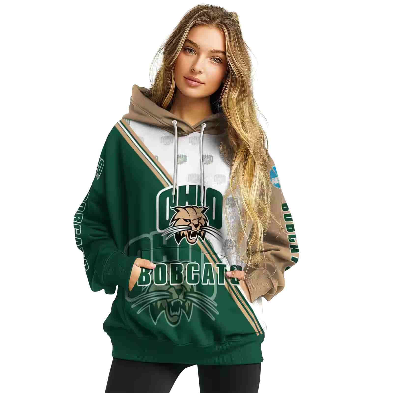 ohio bobcats diagonal stripe green white hoodie high quality