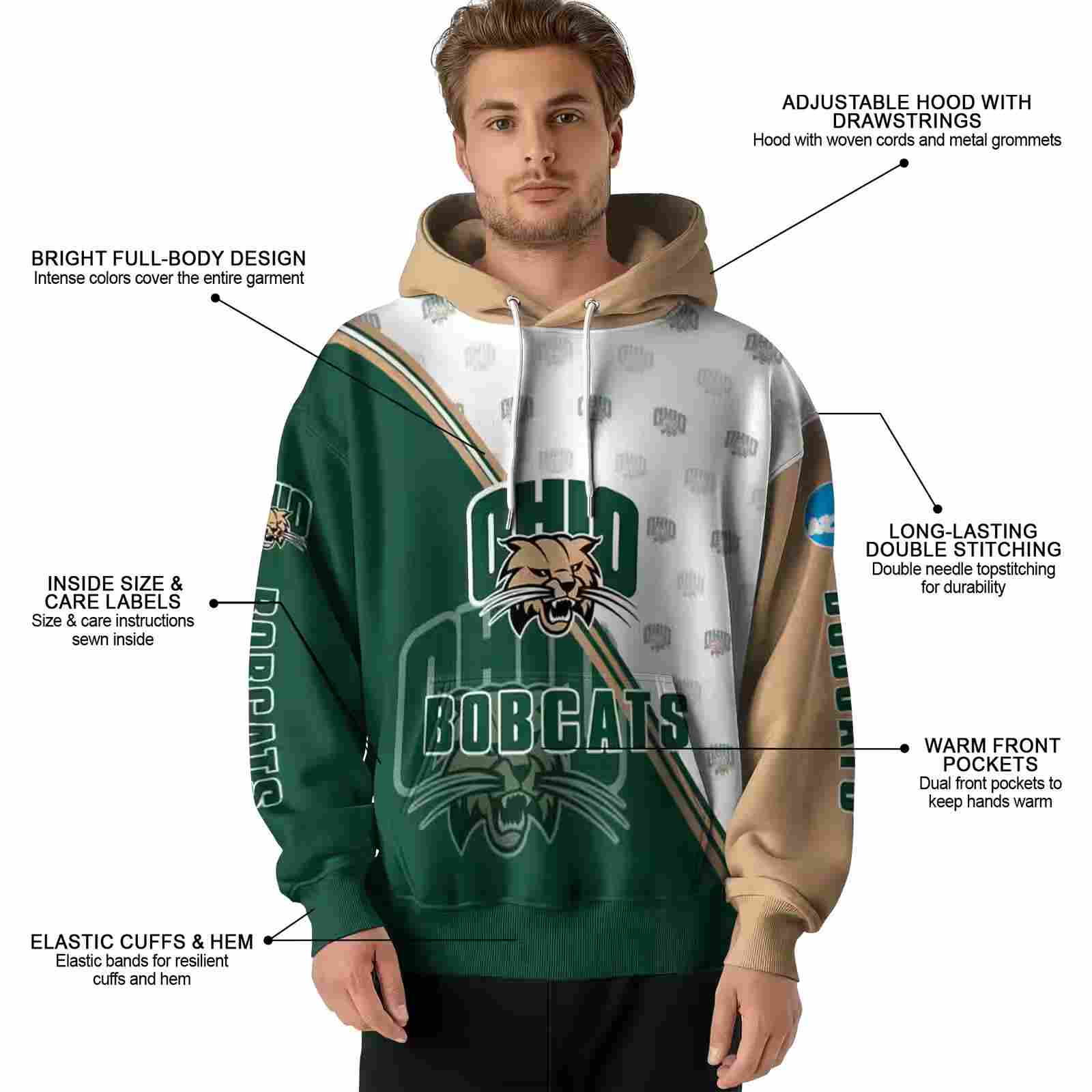 ohio bobcats diagonal stripe green white hoodie latest model