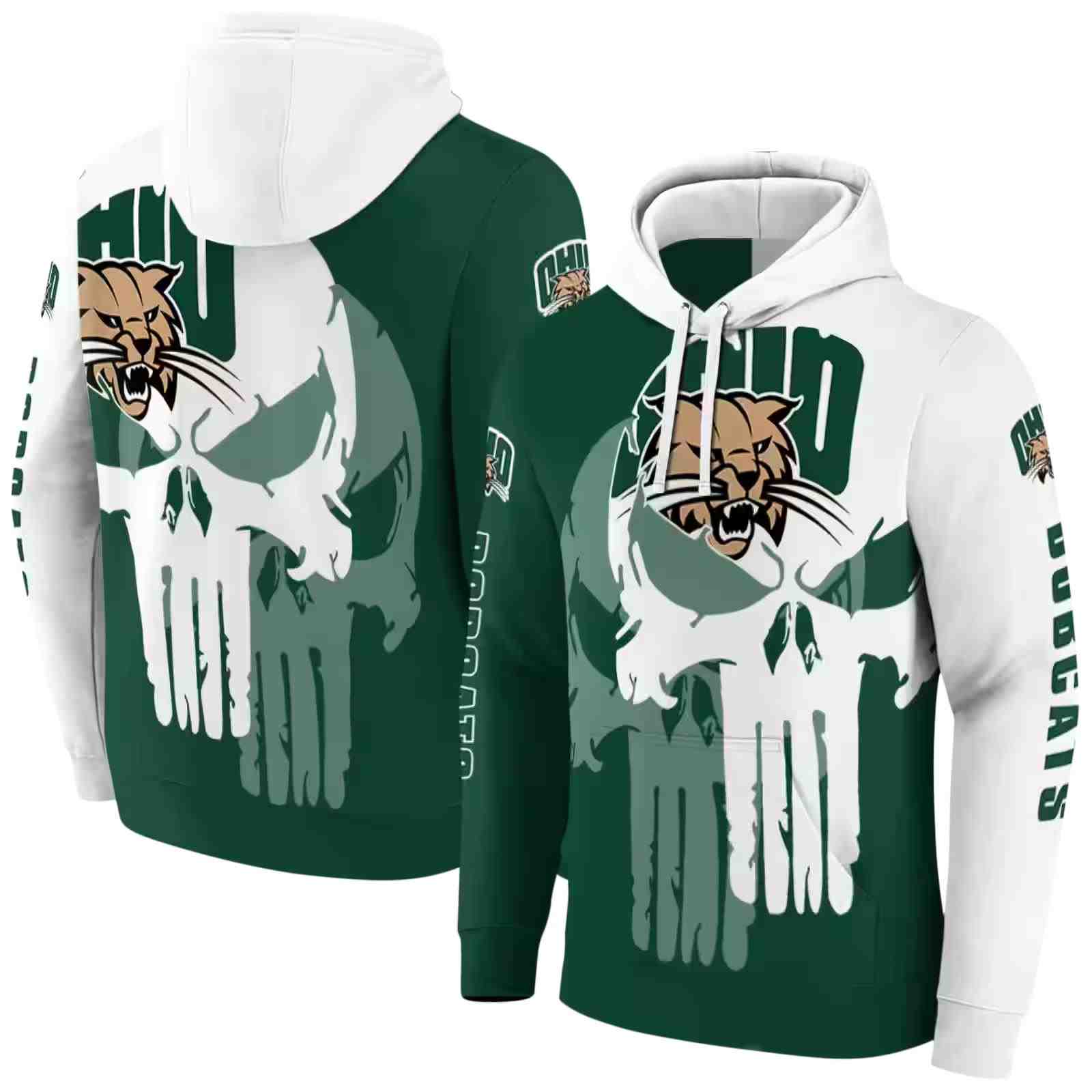 ohio bobcats graphic punisher green white hoodie fashion forward