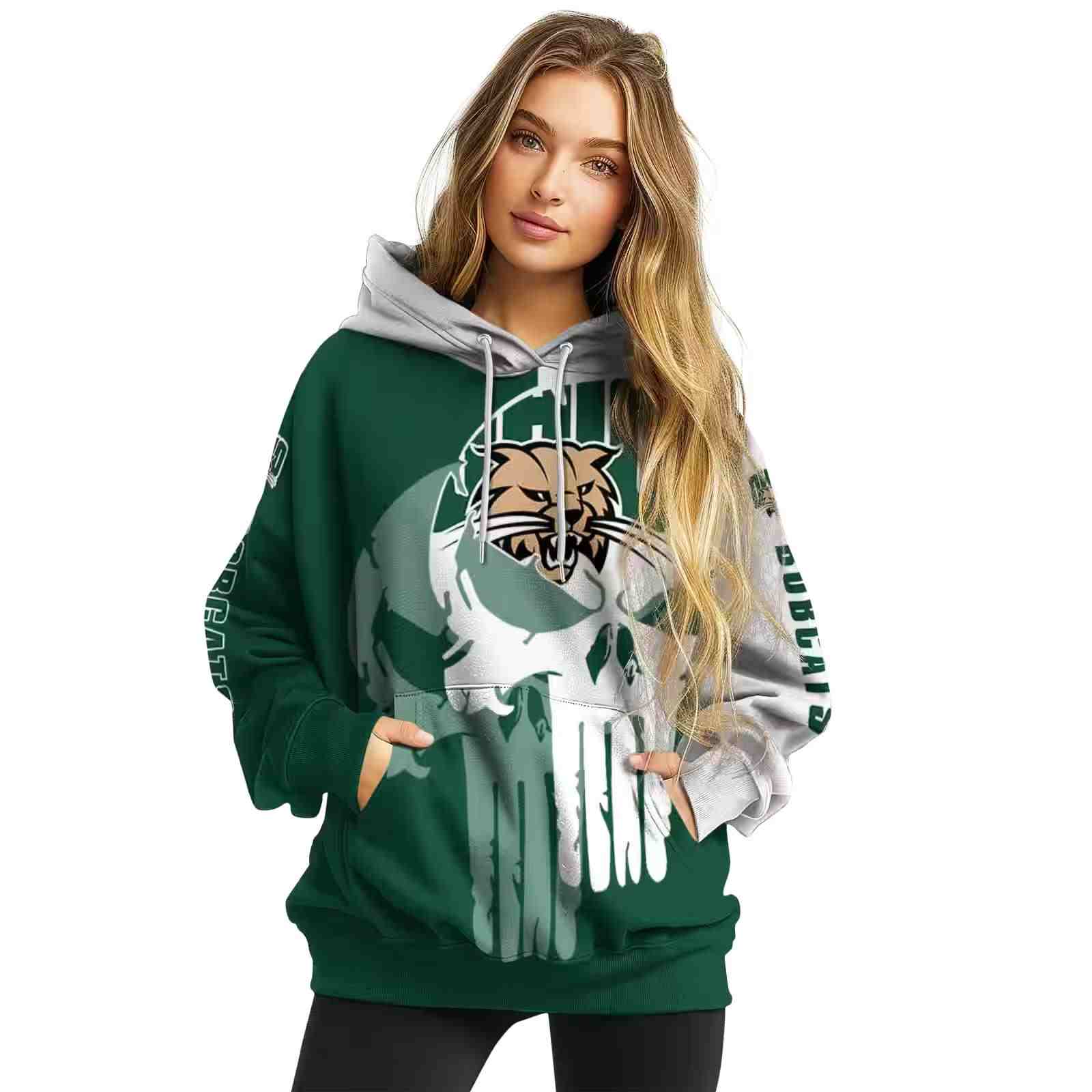 ohio bobcats graphic punisher green white hoodie high quality