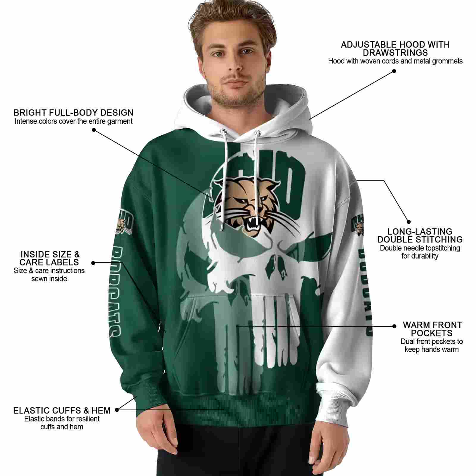 ohio bobcats graphic punisher green white hoodie latest model