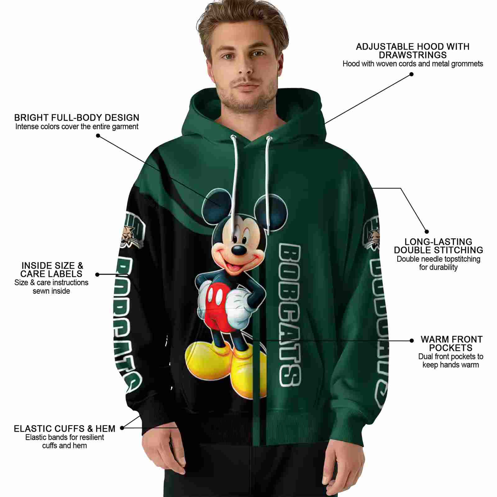 ohio bobcats mickey mouse green black hoodie latest model