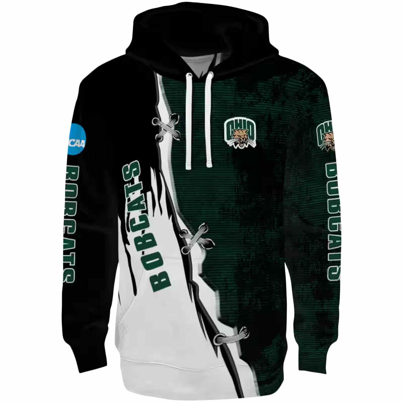 Ohio Bobcats Ripped Pattern Green Black White Hoodie