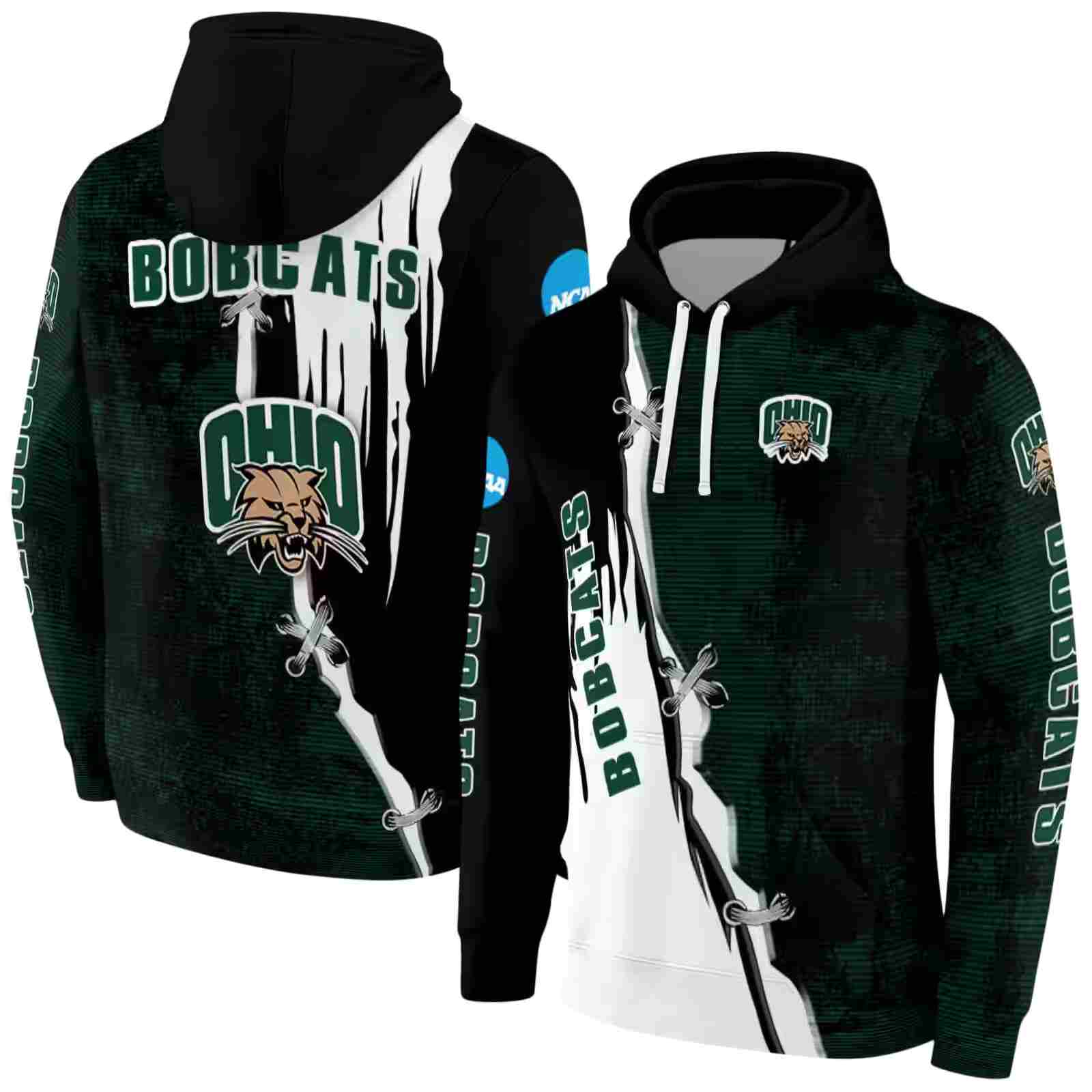 ohio bobcats ripped pattern green black white hoodie fashion forward