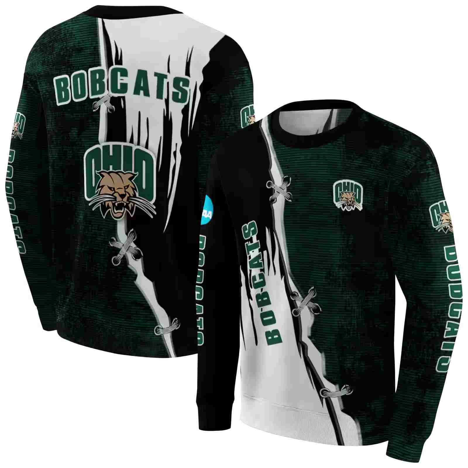 ohio bobcats ripped pattern green black white hoodie premium grade