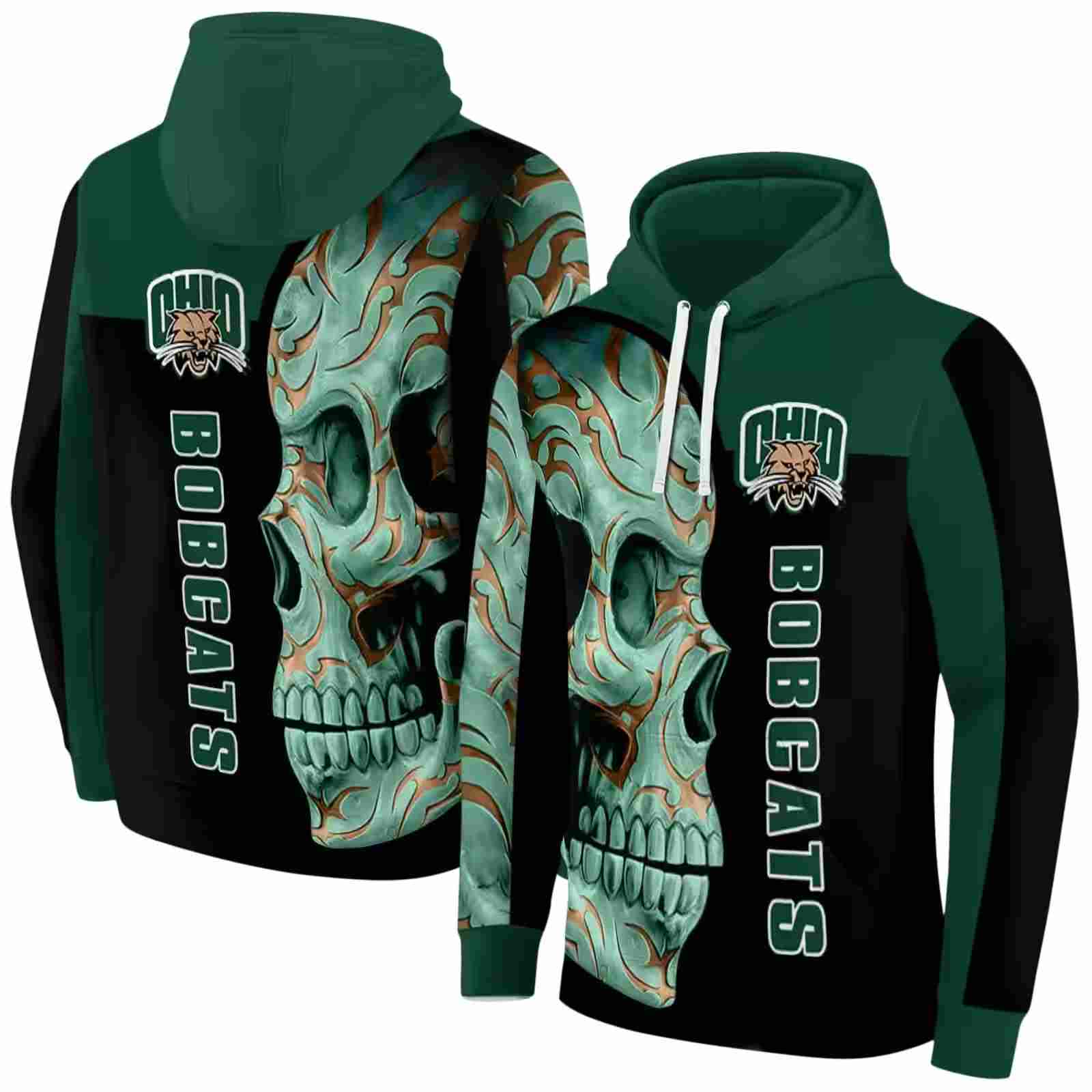 ohio bobcats skull motif green black hoodie fashion forward