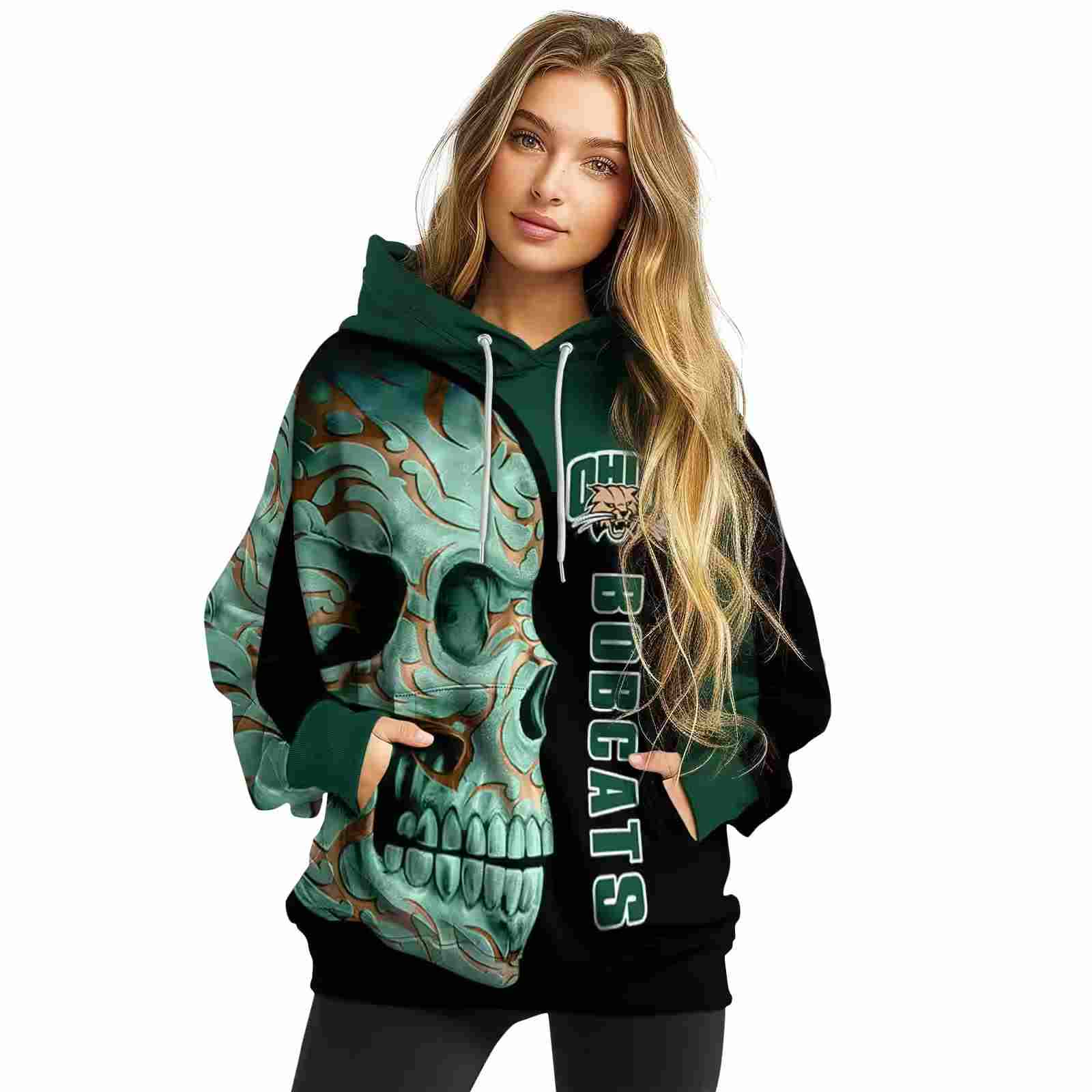 ohio bobcats skull motif green black hoodie high quality