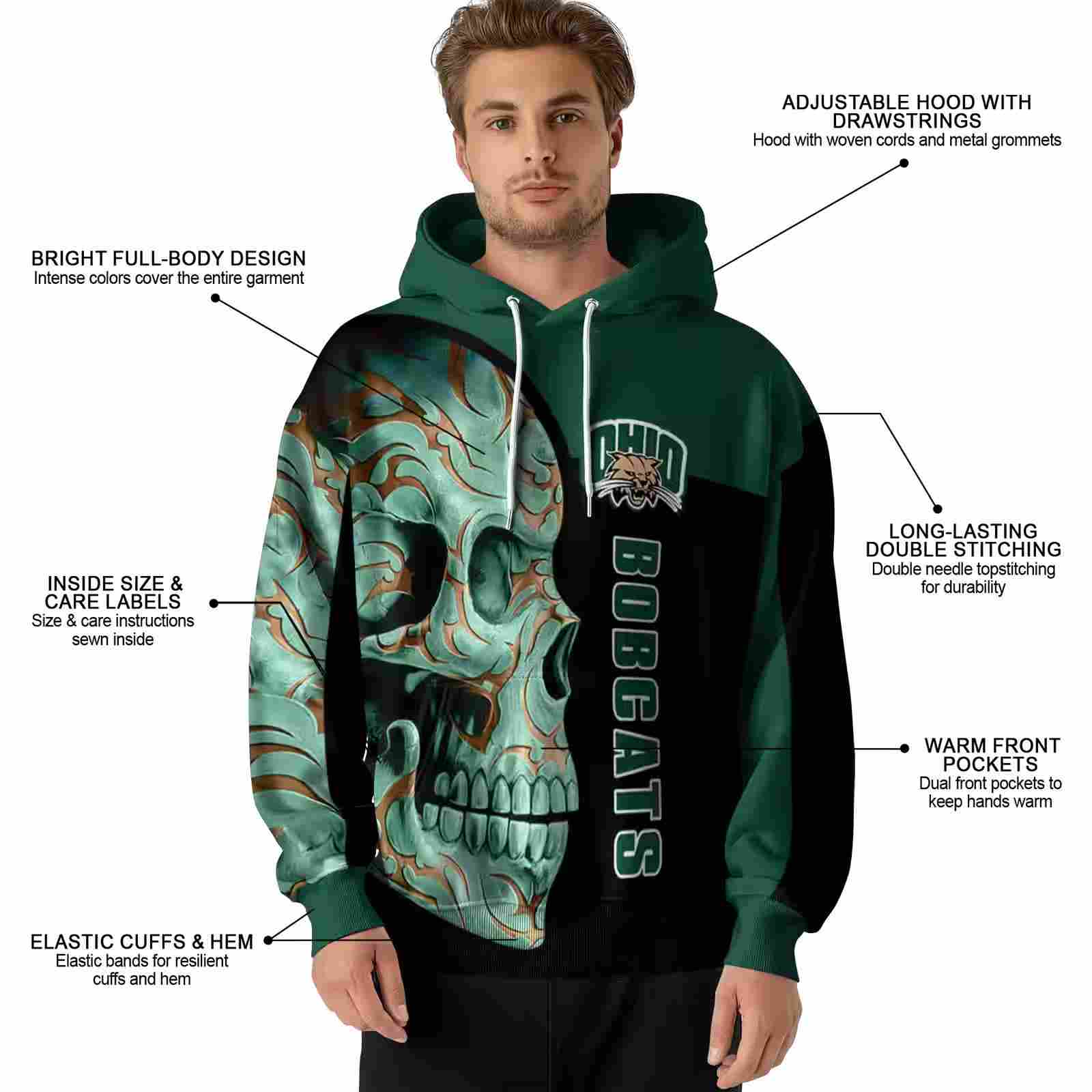 ohio bobcats skull motif green black hoodie latest model