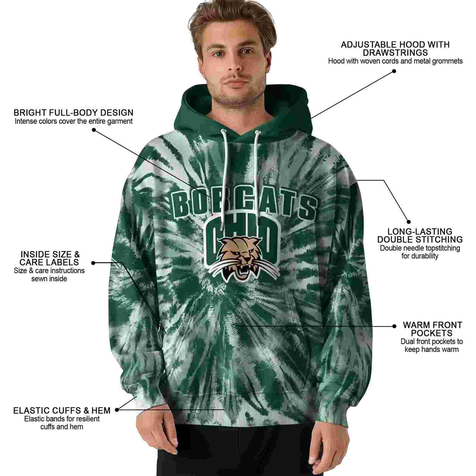 ohio bobcats tie dye pattern green hoodie latest model