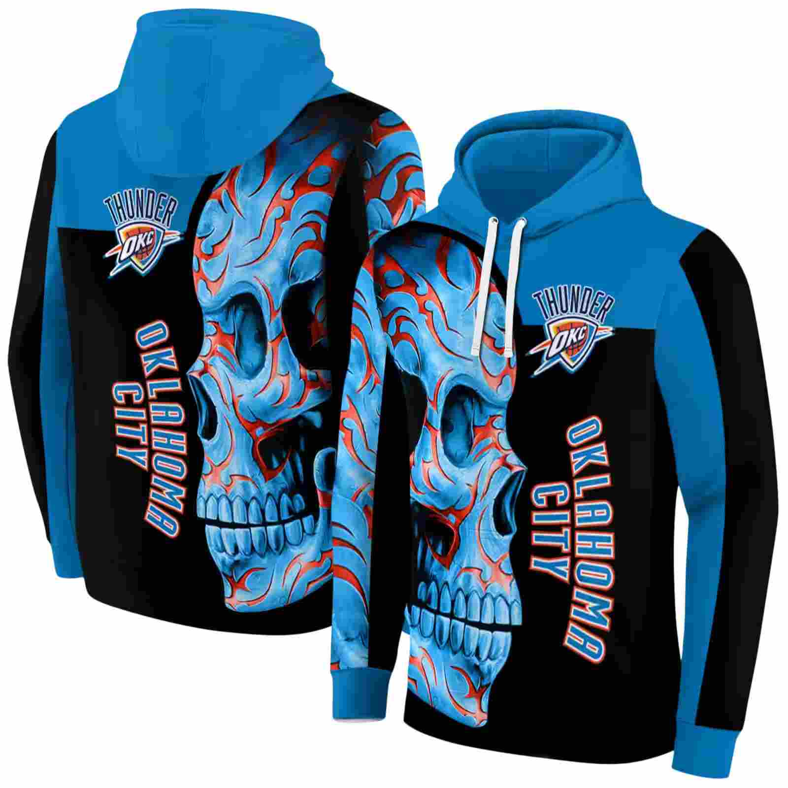 oklahoma city thunder skull motif blue black hoodie fashion forward