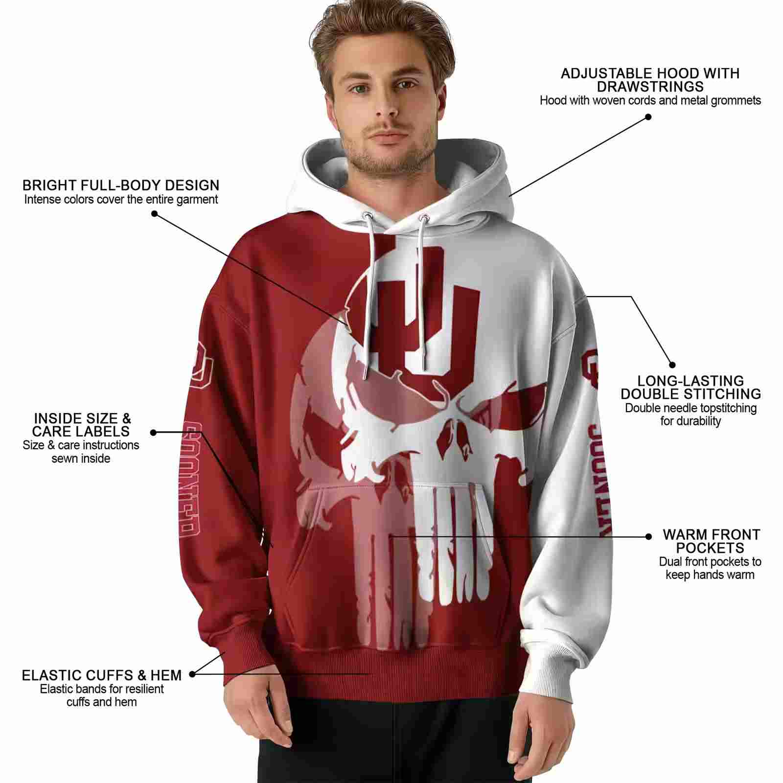 oklahoma sooners graphic punisher crimson white hoodie latest model