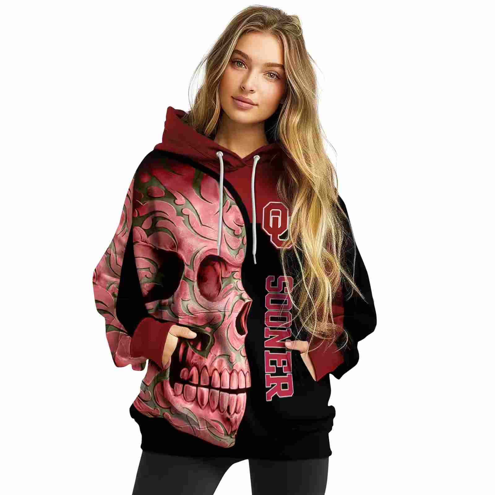 oklahoma sooners skull motif crimson black hoodie high quality