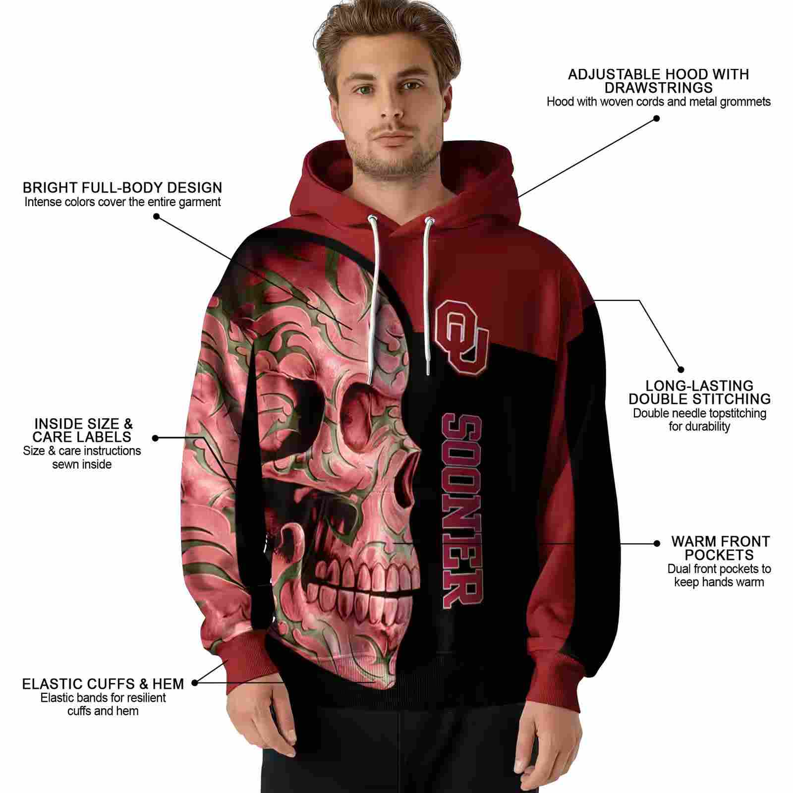 oklahoma sooners skull motif crimson black hoodie latest model