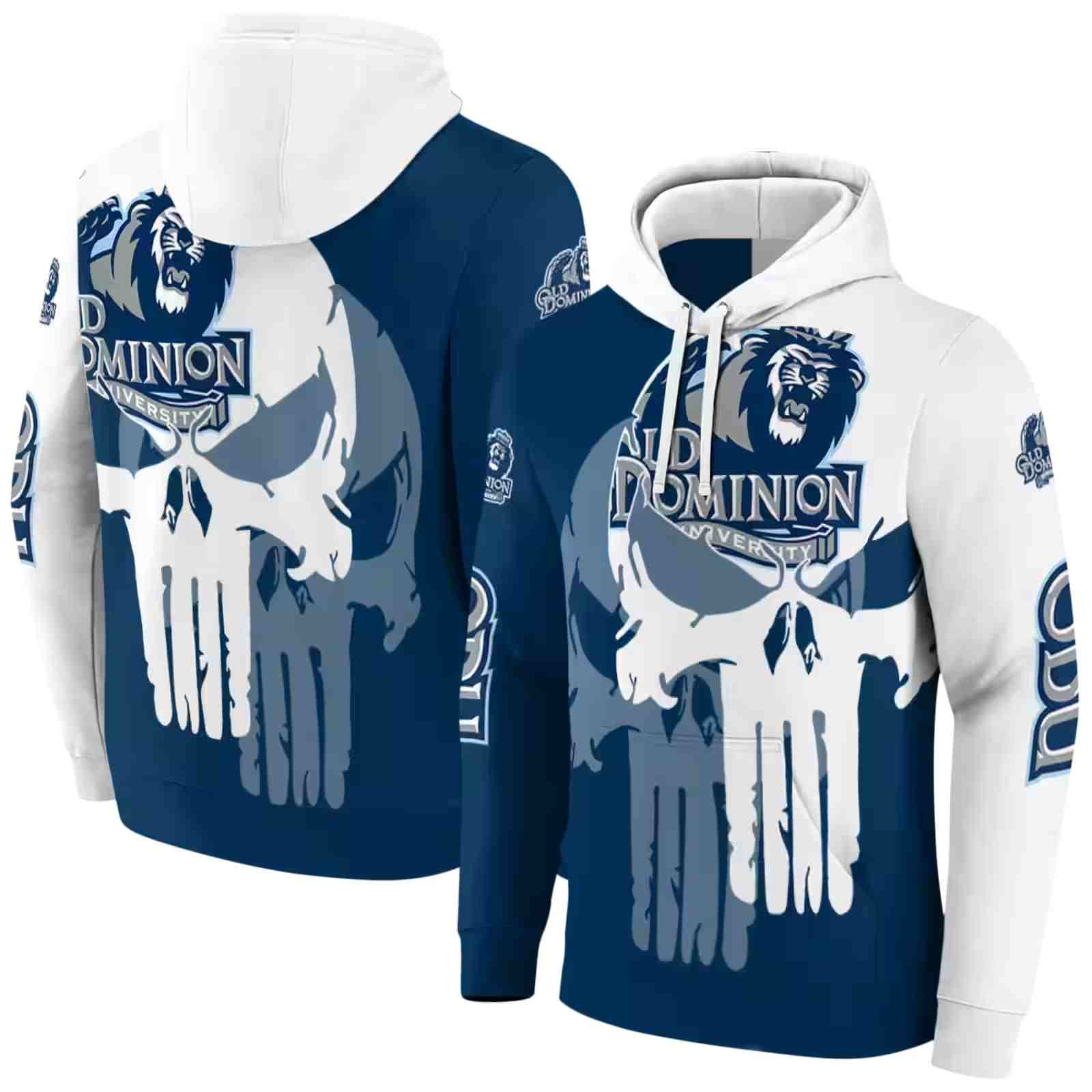 old dominion monarchs graphic punisher blue white hoodie fashion forward