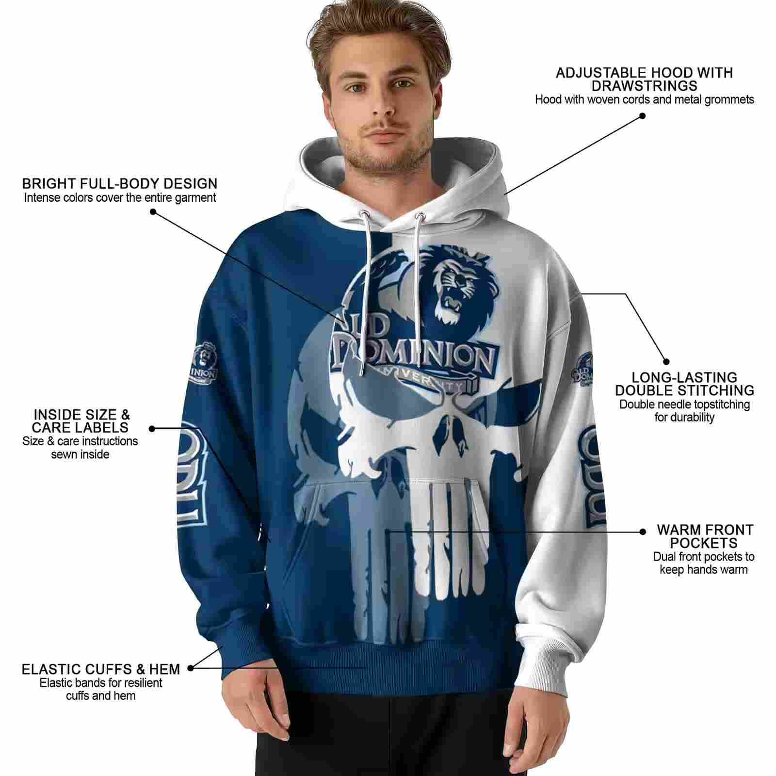 old dominion monarchs graphic punisher blue white hoodie latest model