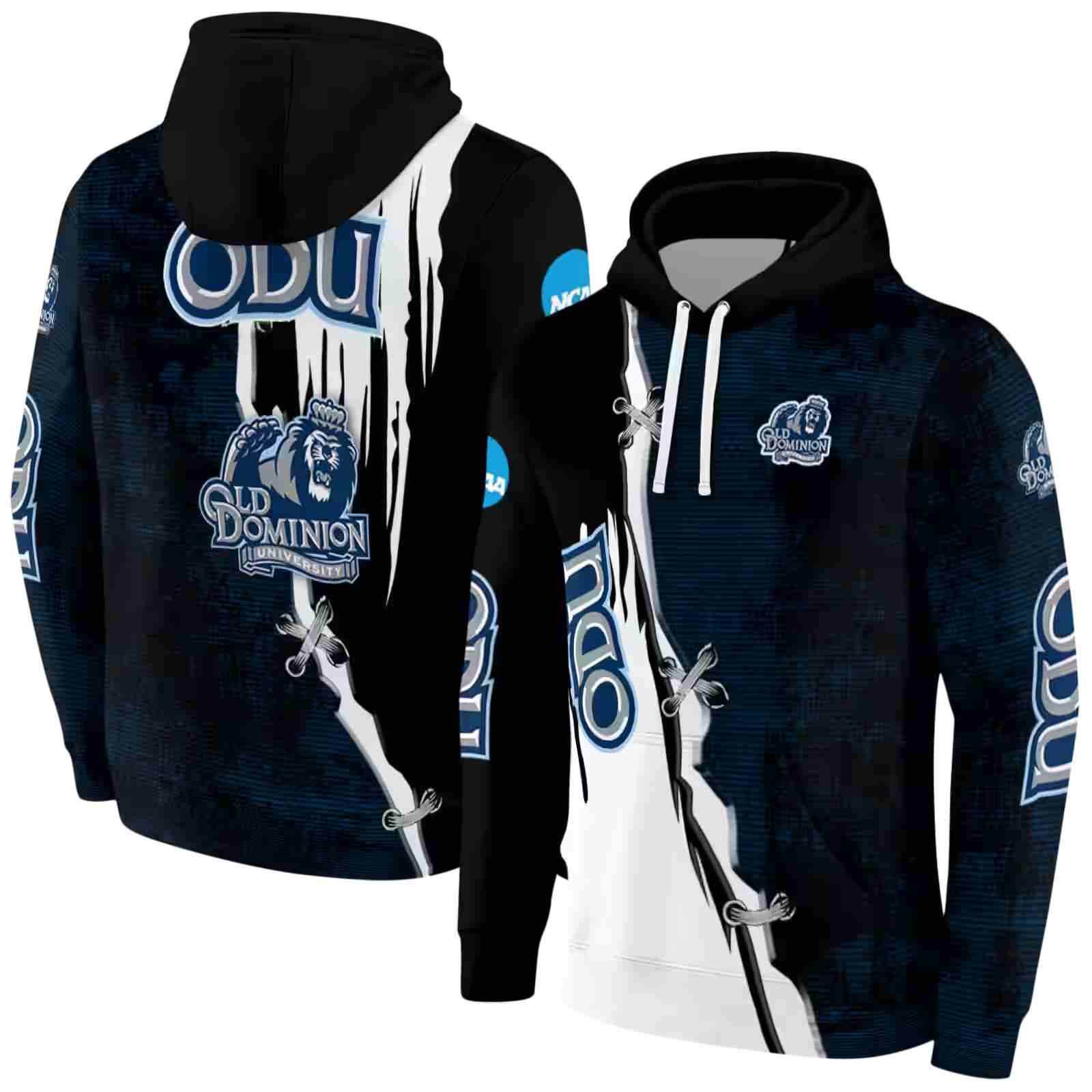 old dominion monarchs ripped pattern blue black white hoodie fashion forward