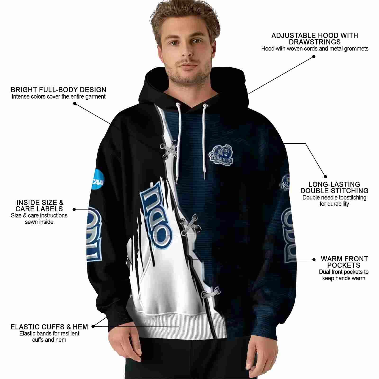 old dominion monarchs ripped pattern blue black white hoodie latest model