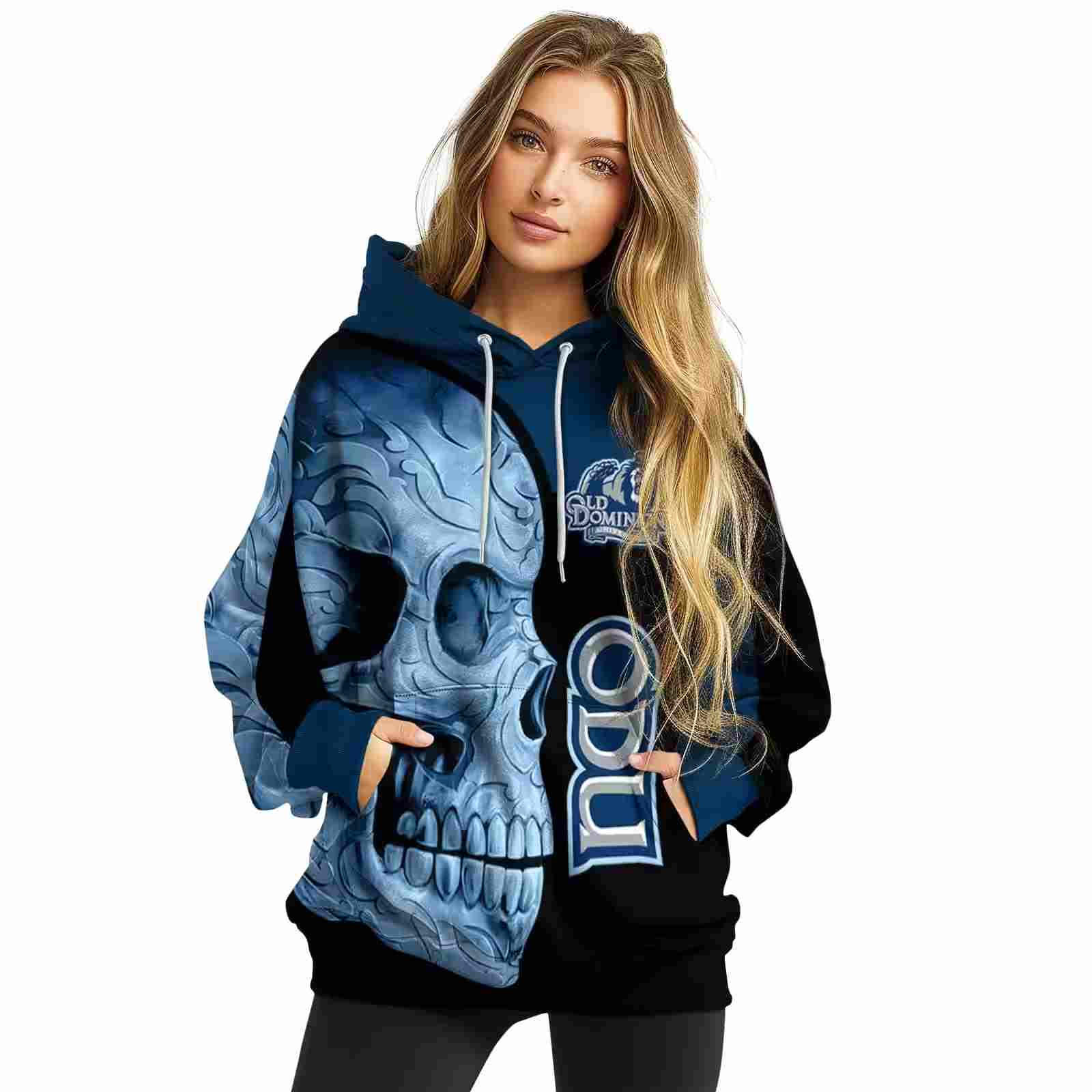 old dominion monarchs skull motif blue black hoodie high quality