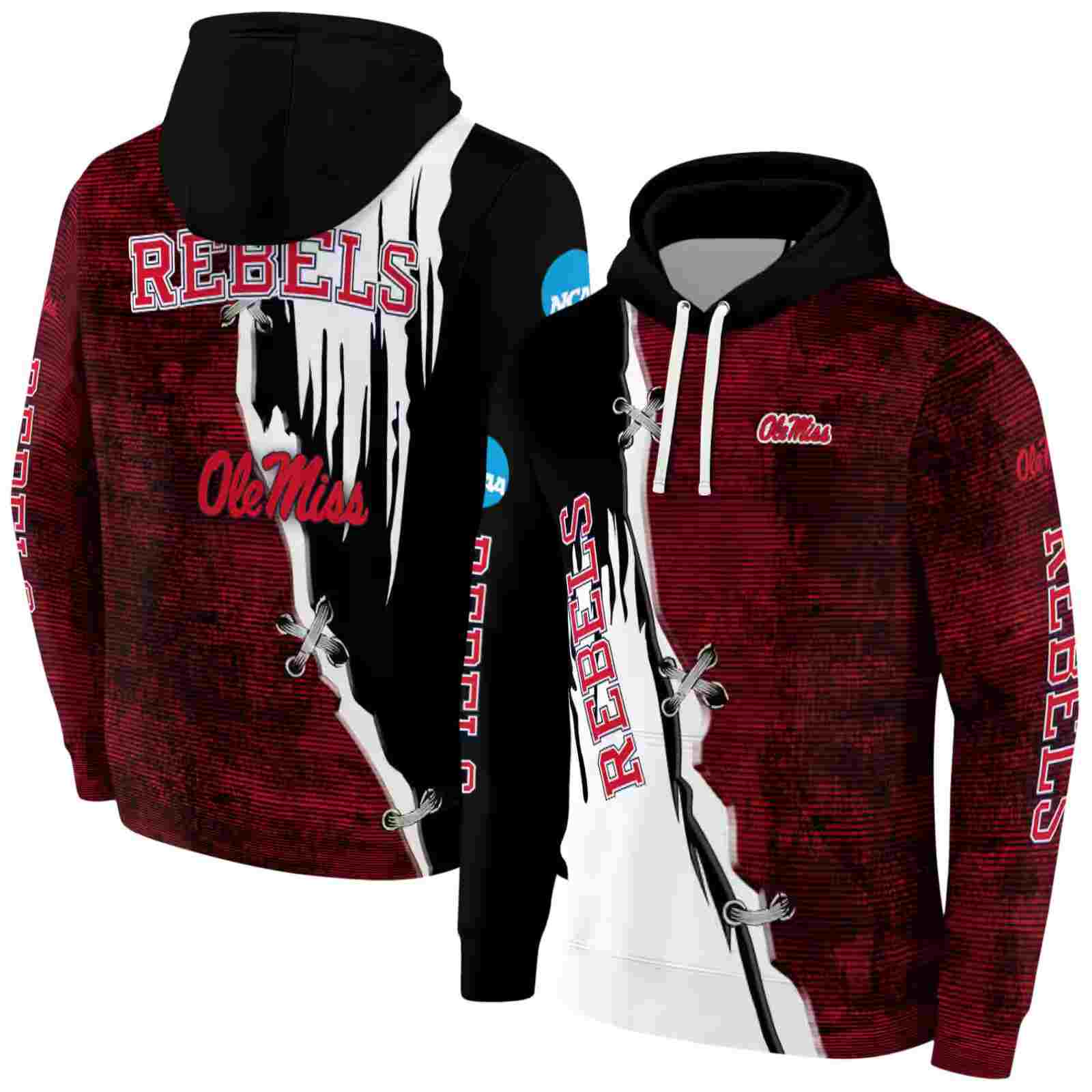 ole miss rebels ripped pattern red black white hoodie fashion forward
