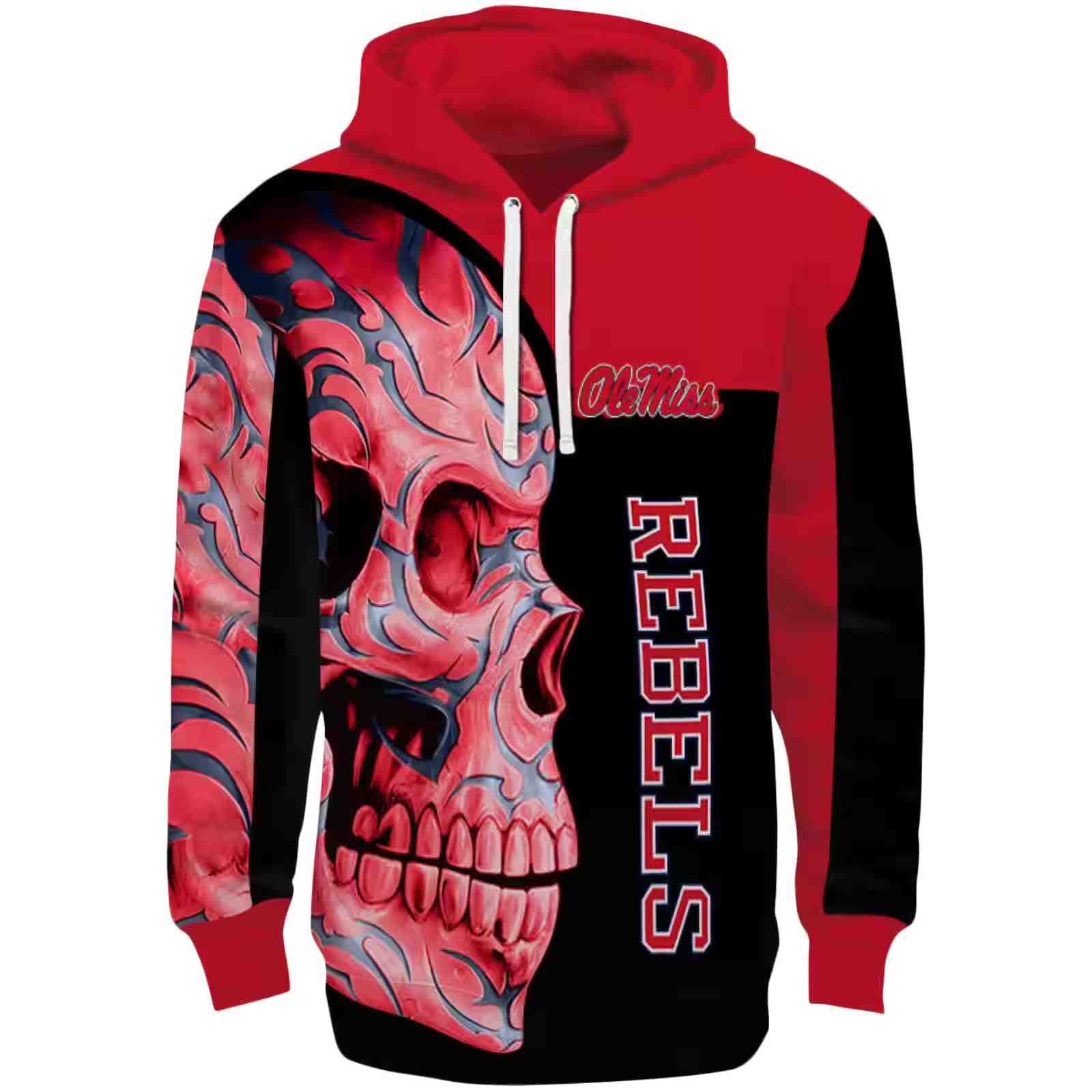 Ole Miss Rebels Skull Motif Red Black Hoodie