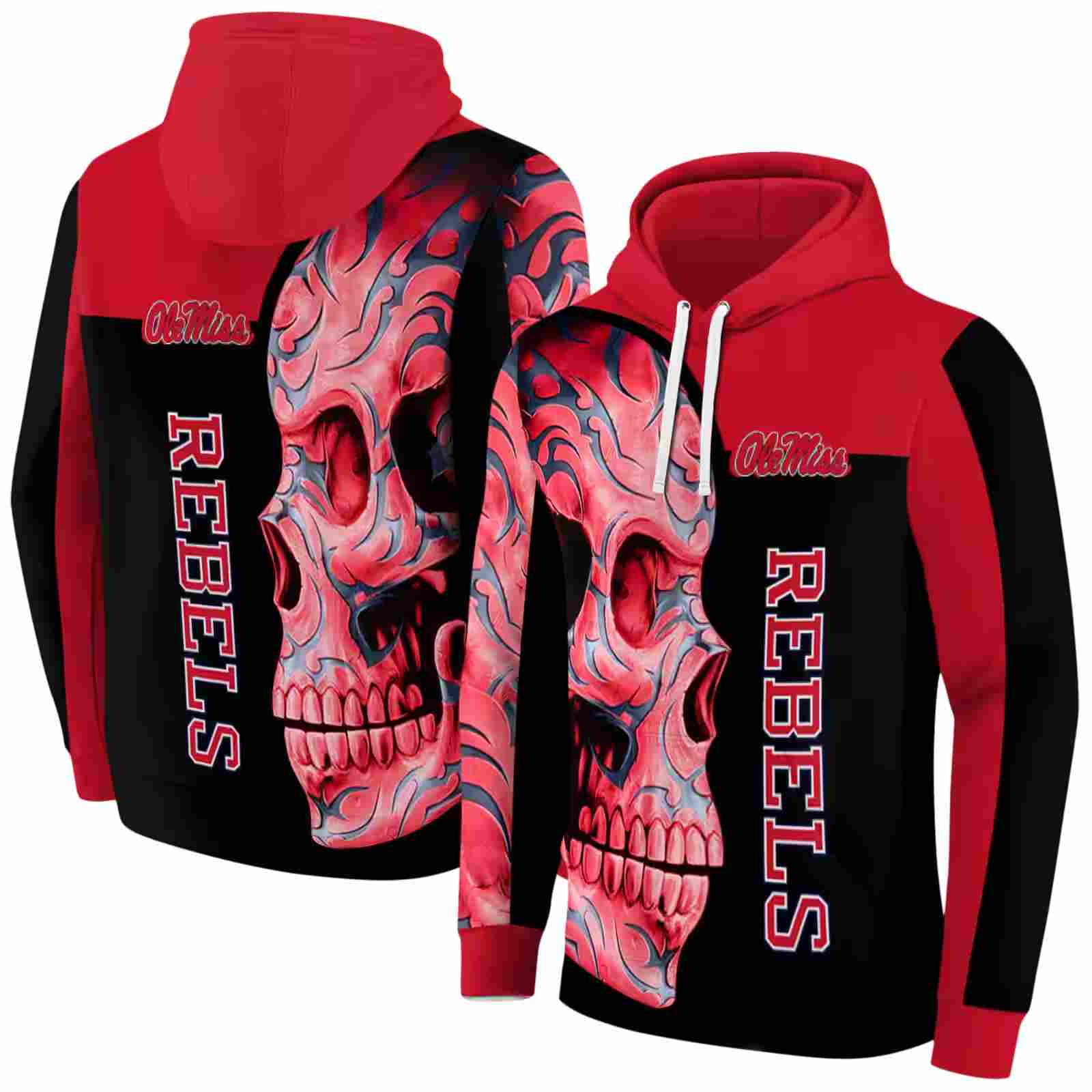 ole miss rebels skull motif red black hoodie fashion forward