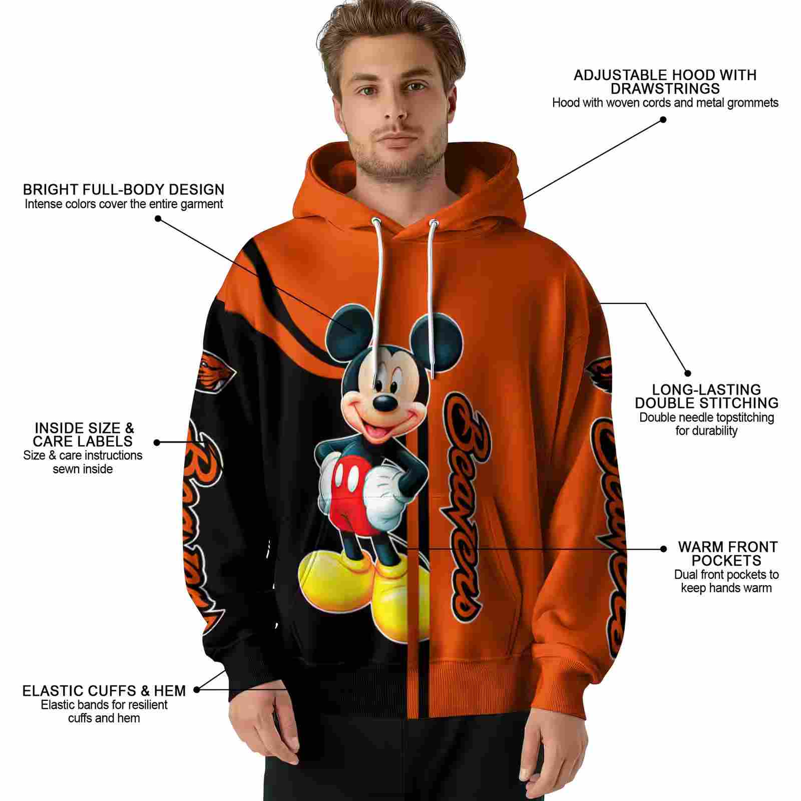 oregon state beavers mickey mouse orange black hoodie latest model