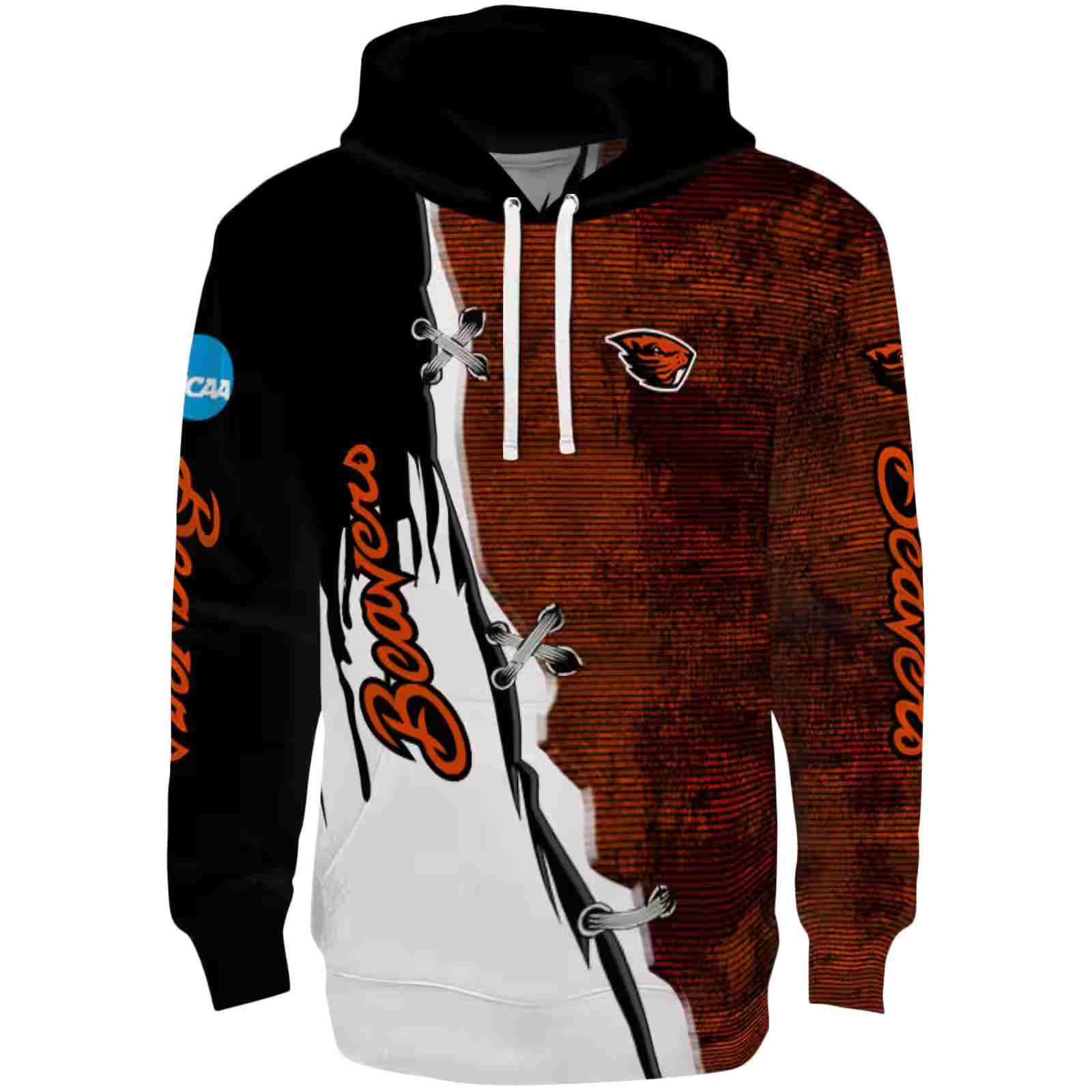 Oregon State Beavers Ripped Pattern Orange Black White Hoodie