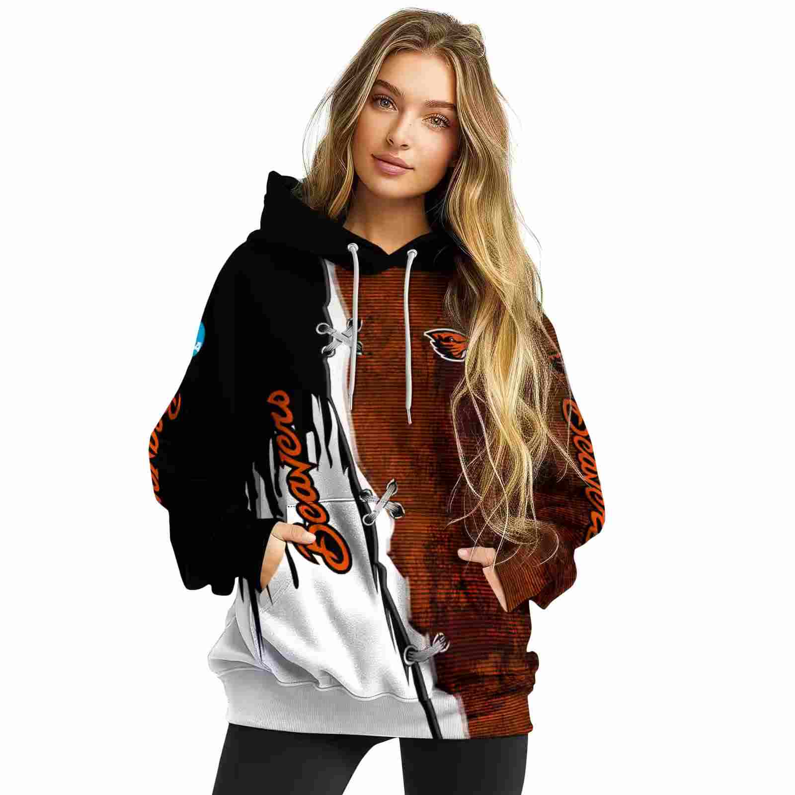 oregon state beavers ripped pattern orange black white hoodie high quality