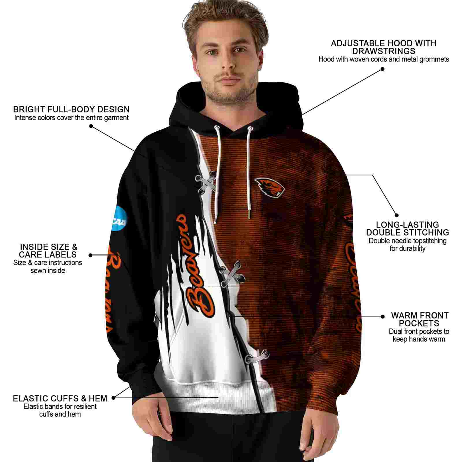 oregon state beavers ripped pattern orange black white hoodie latest model