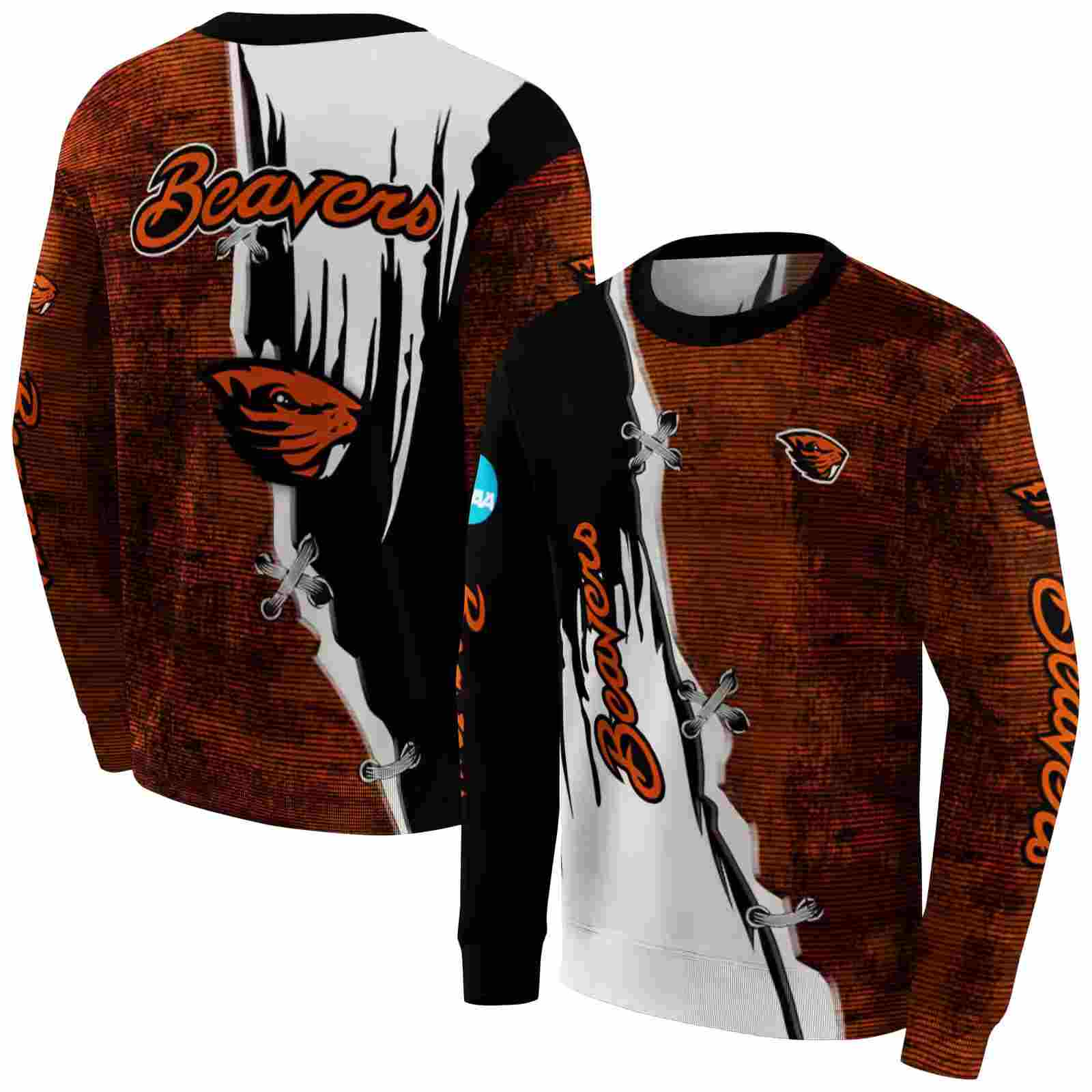 oregon state beavers ripped pattern orange black white hoodie premium grade