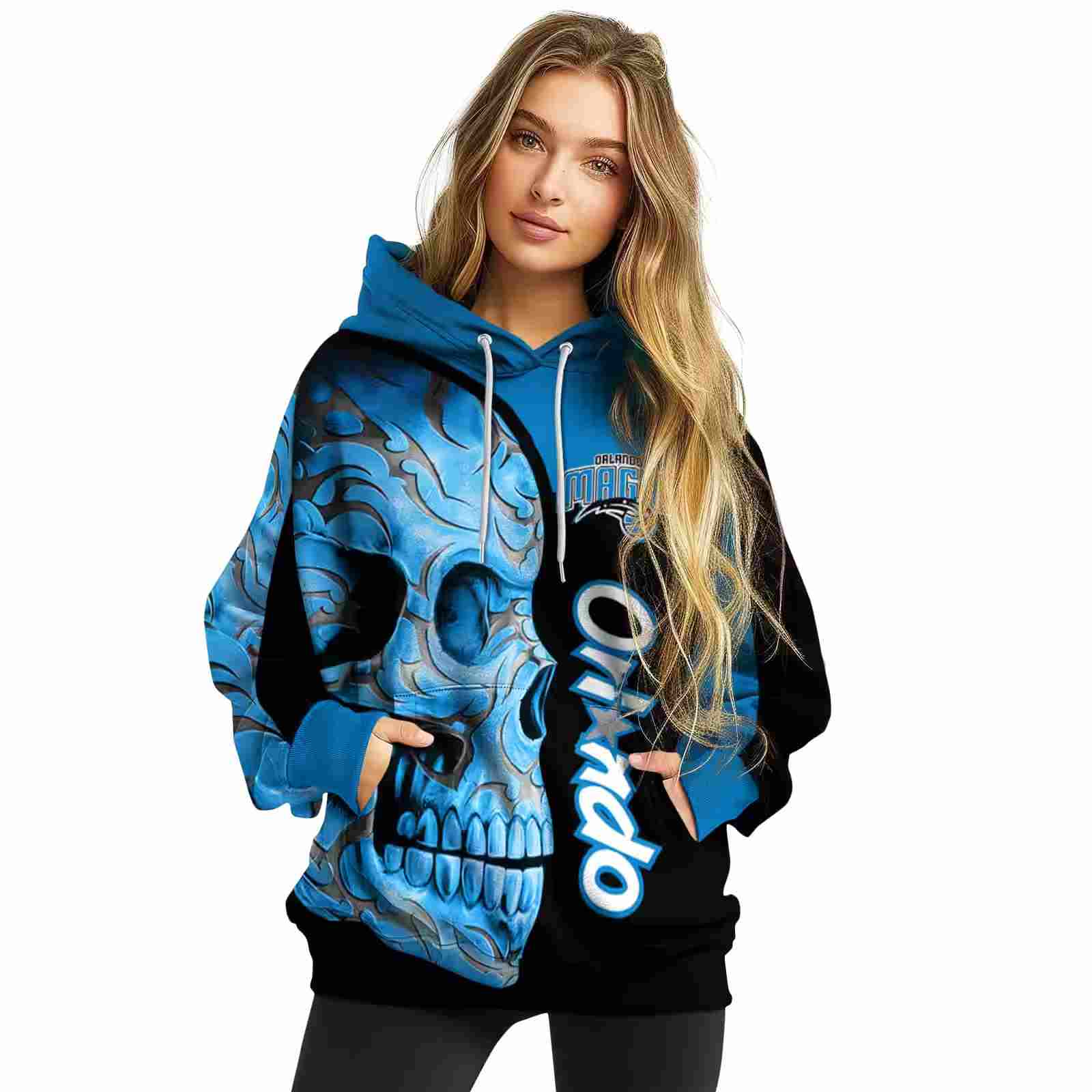 orlando magic skull motif blue black hoodie high quality