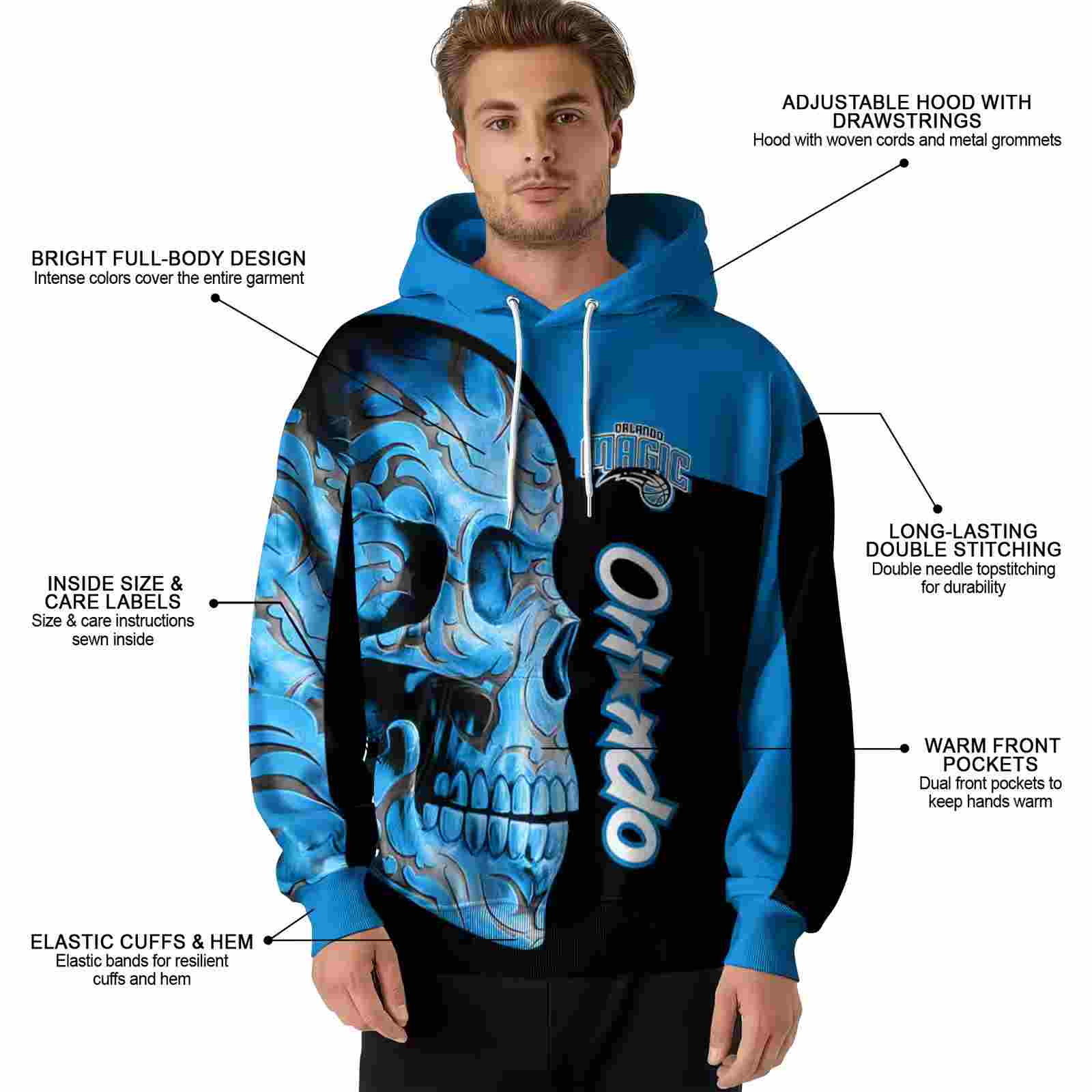 orlando magic skull motif blue black hoodie latest model