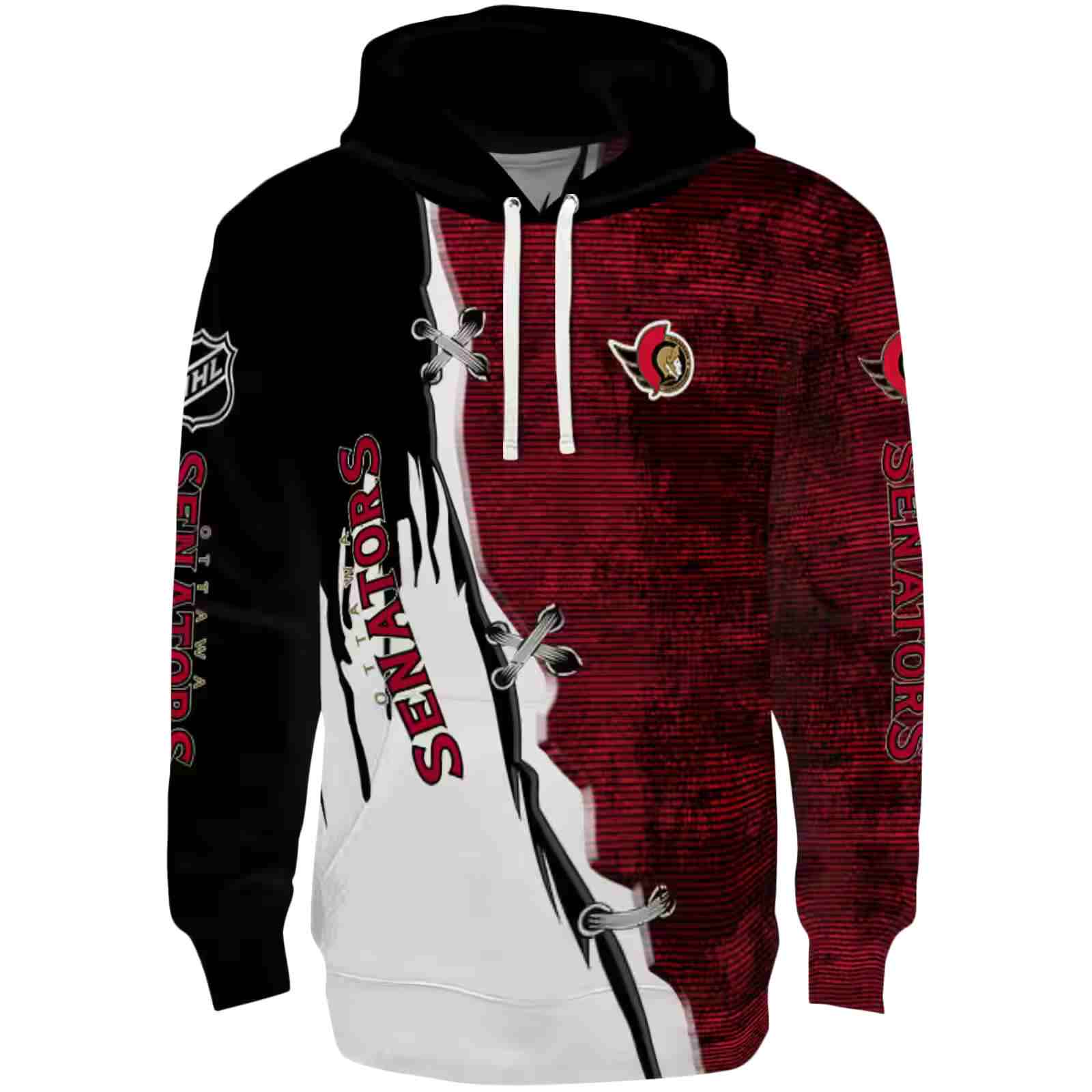 Ottawa Senators Ripped Pattern Red Black White Hoodie