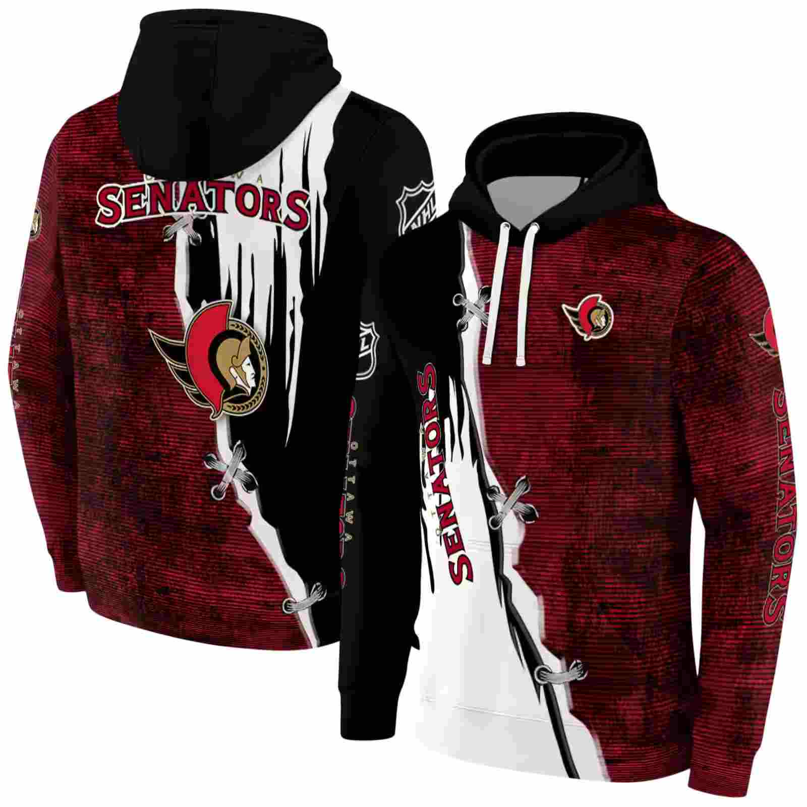 ottawa senators ripped pattern red black white hoodie fashion forward