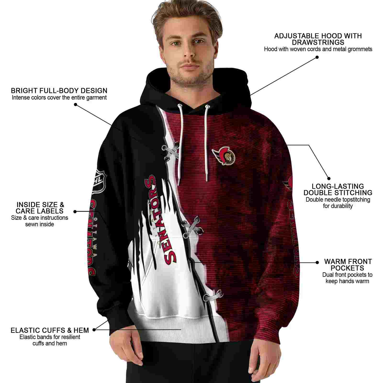 ottawa senators ripped pattern red black white hoodie latest model