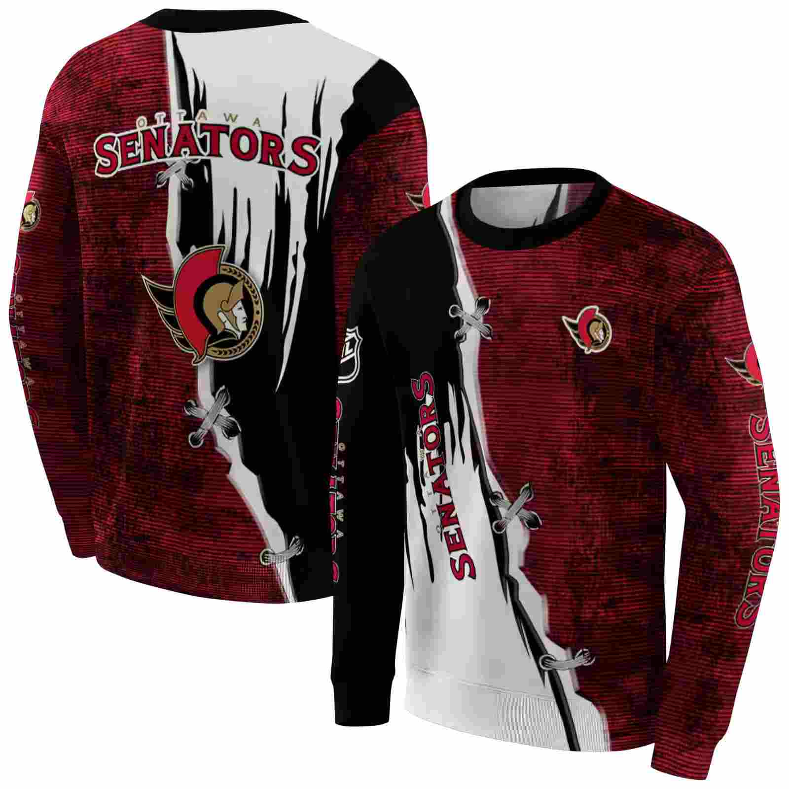 ottawa senators ripped pattern red black white hoodie premium grade