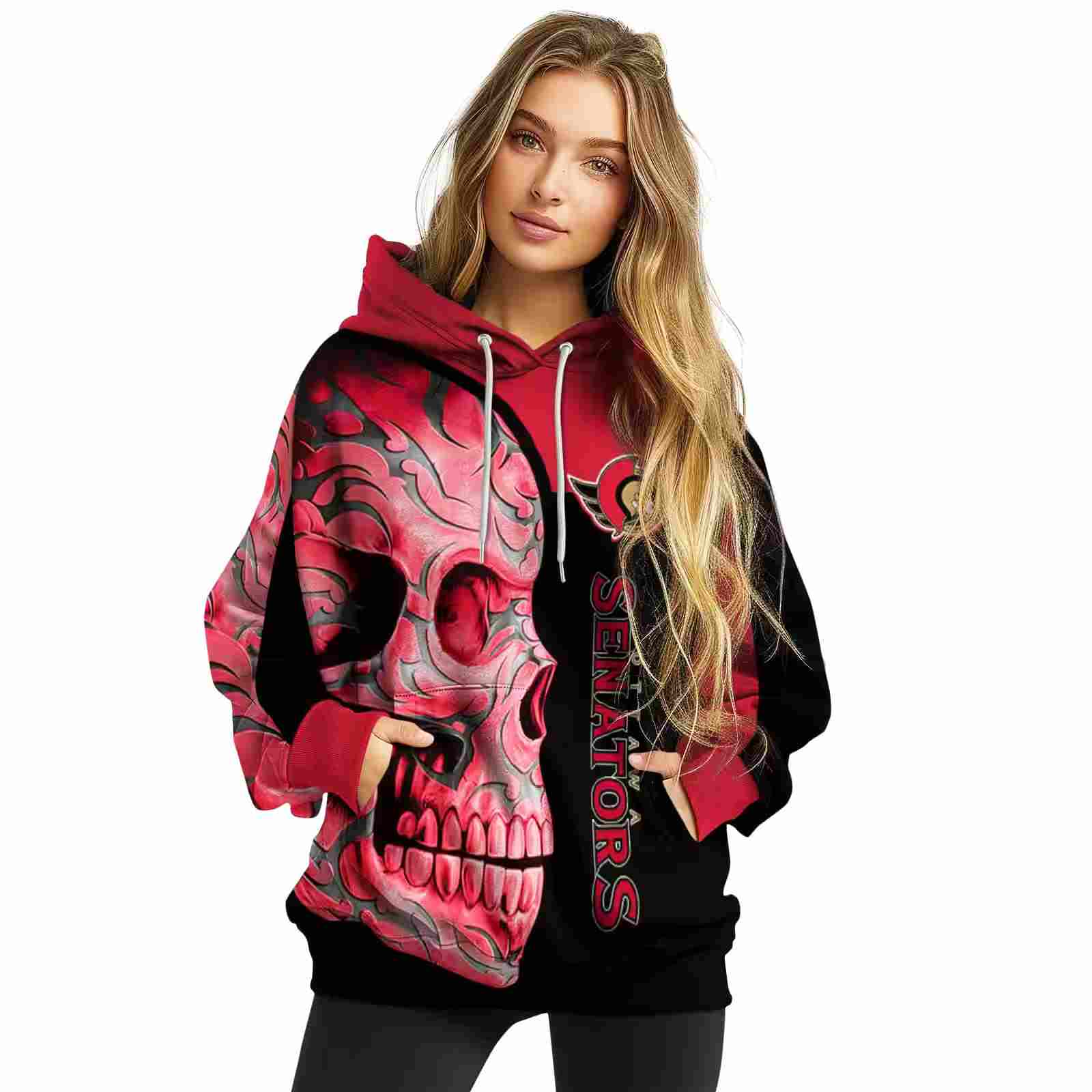 ottawa senators skull motif red black hoodie high quality