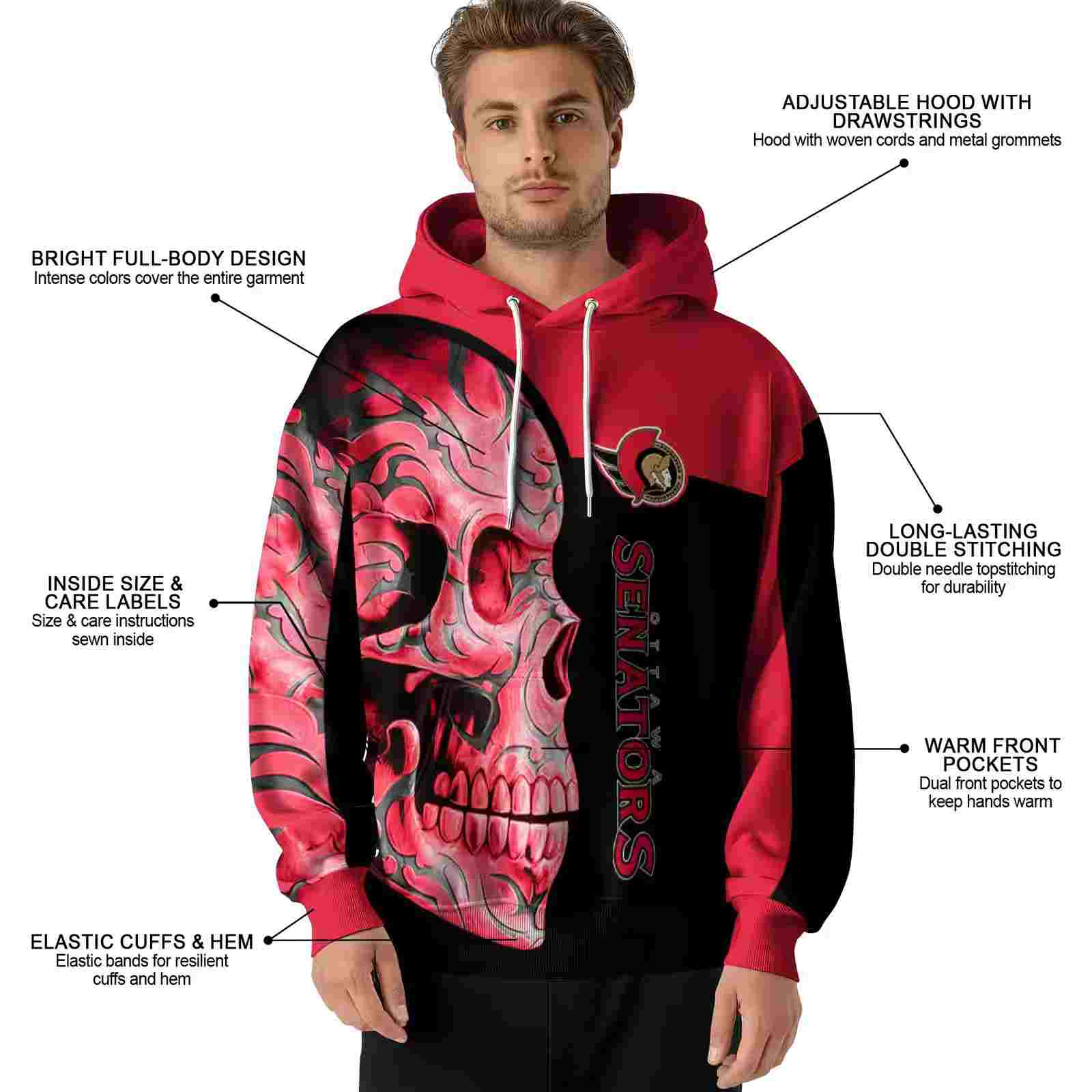 ottawa senators skull motif red black hoodie latest model