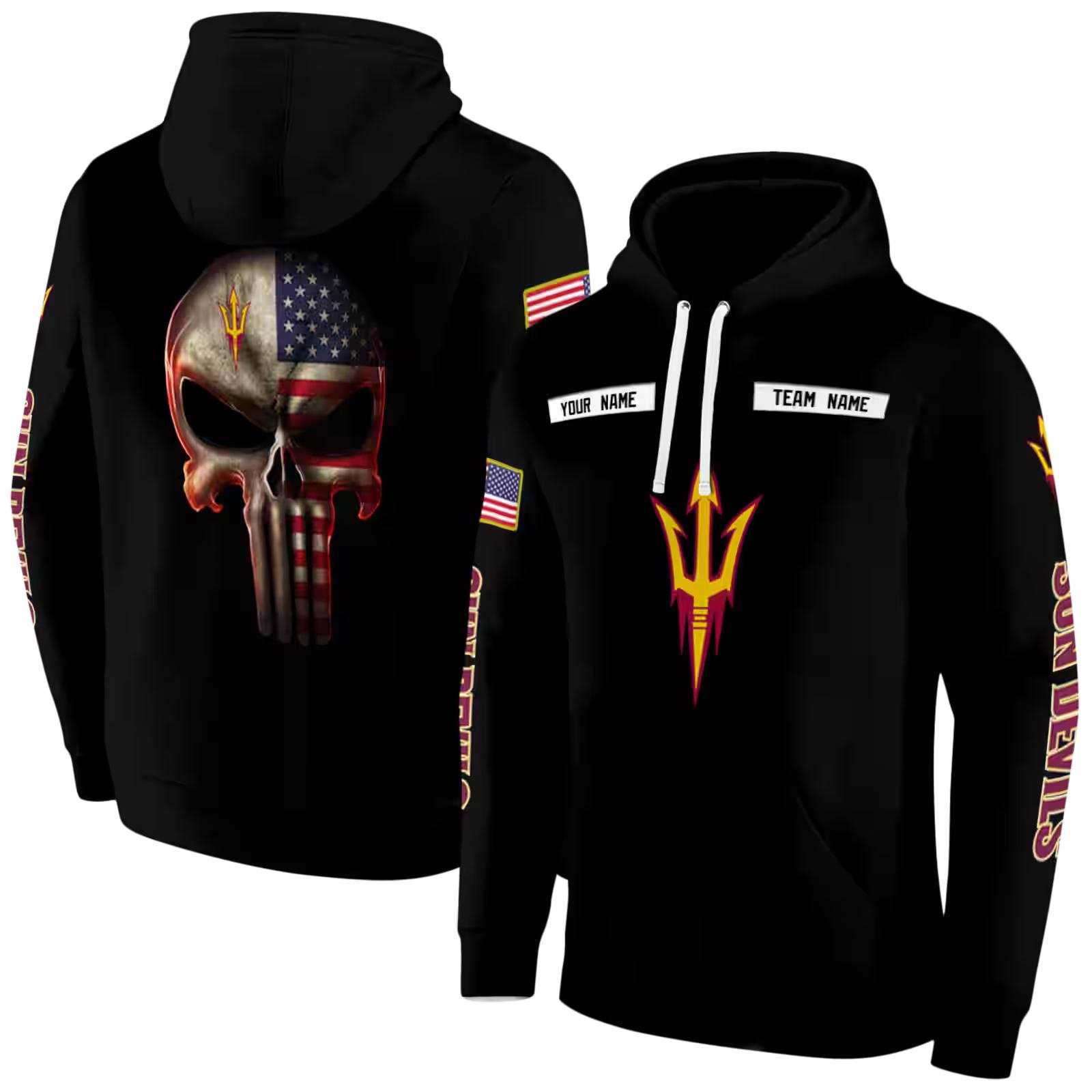 personalized arizona state sun devils punisher skull black hoodie fashion forward