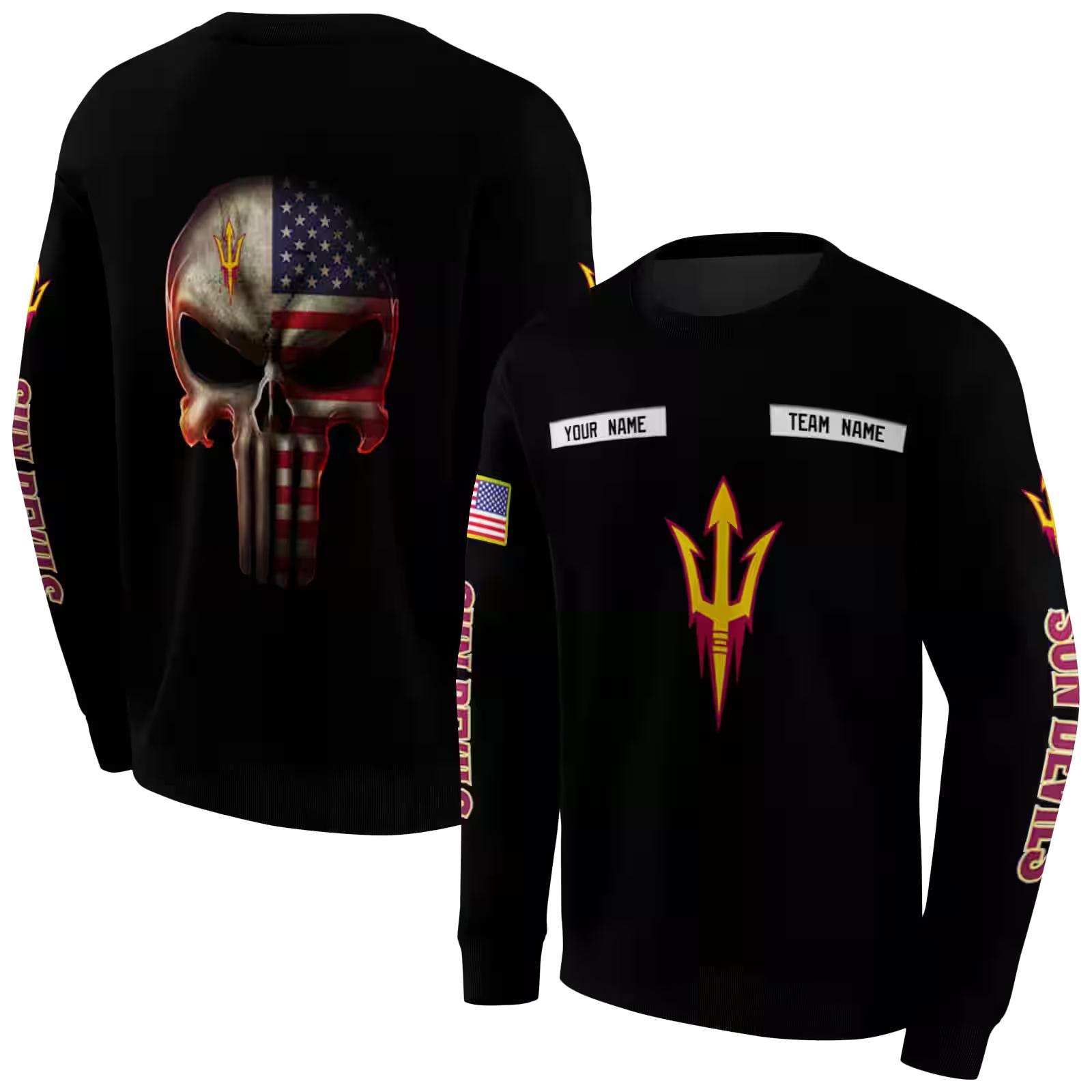 personalized arizona state sun devils punisher skull black hoodie premium grade