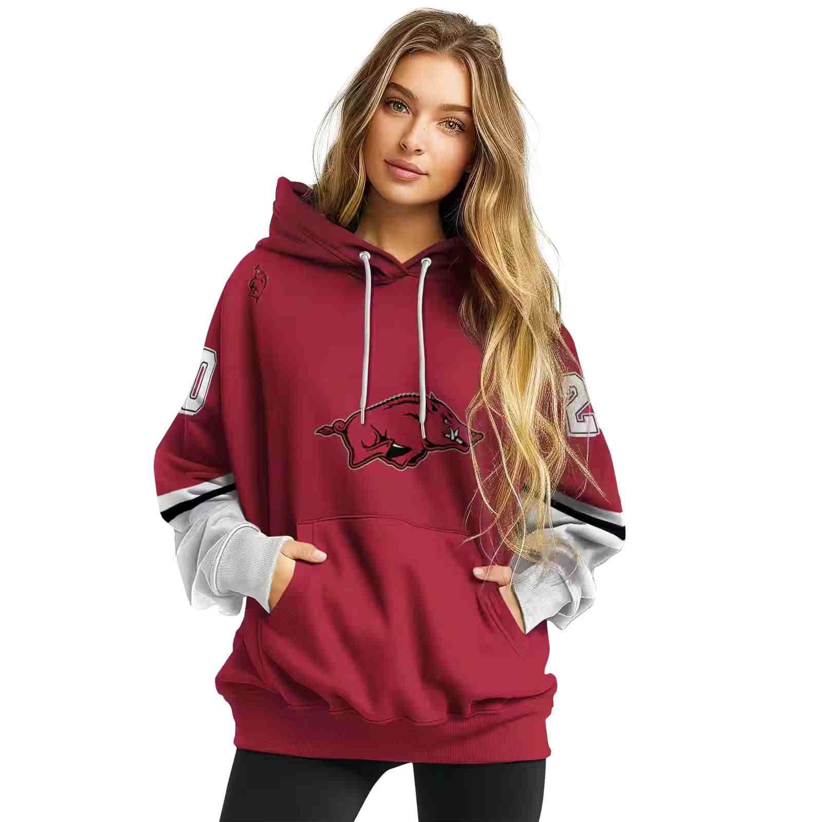 personalized arkansas razorbacks striped sleeves red hoodie high quality