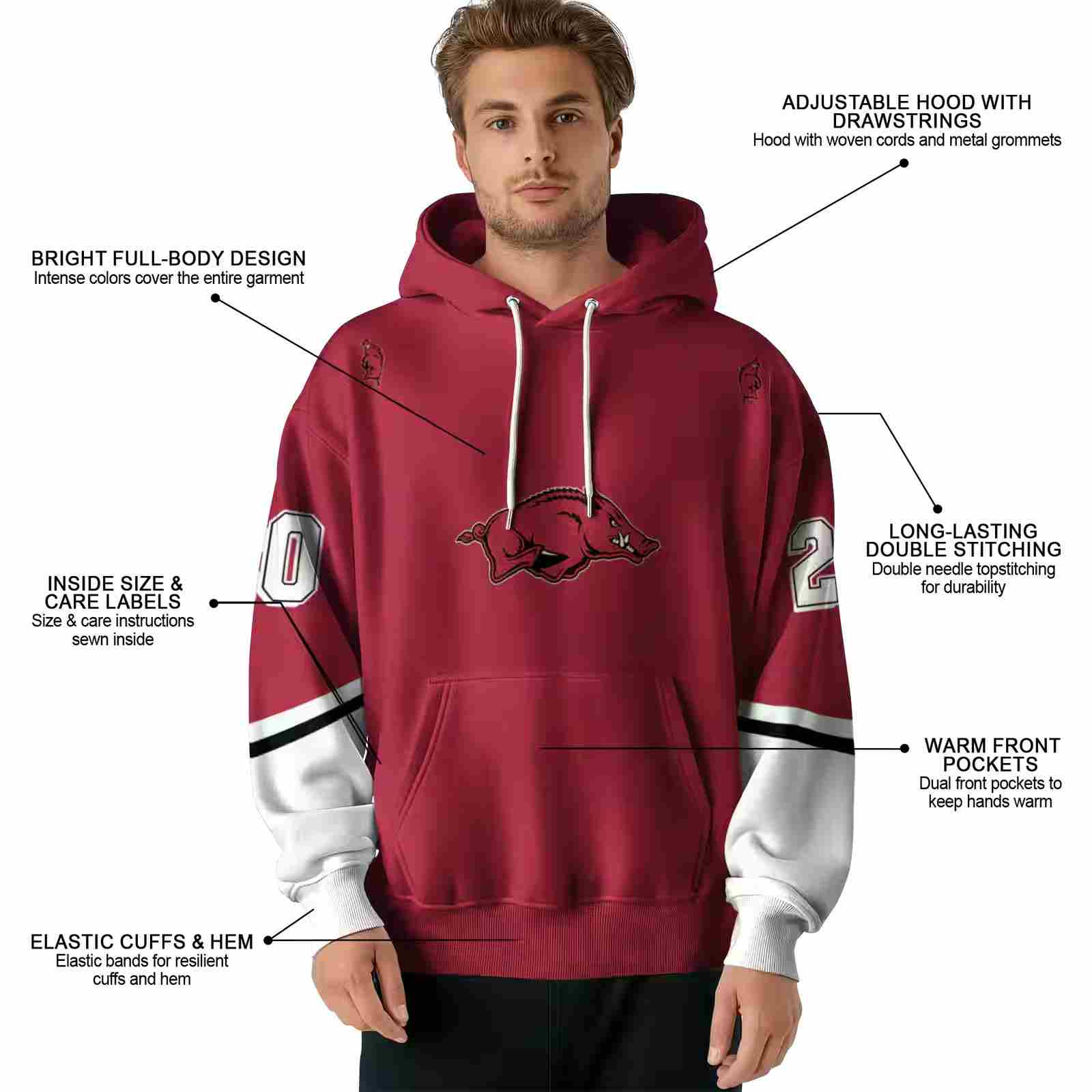 personalized arkansas razorbacks striped sleeves red hoodie latest model